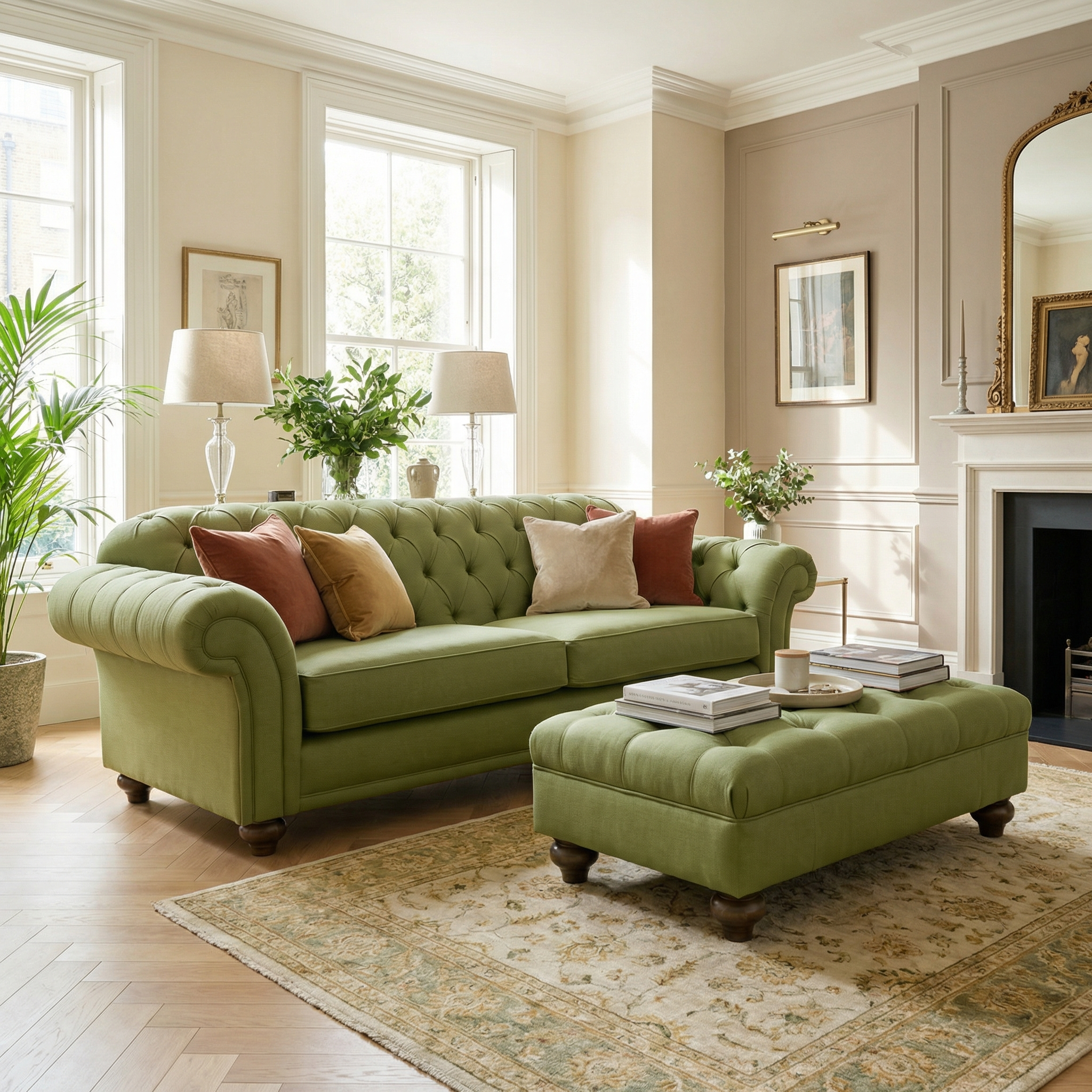 The Chesterfield Footstool in Olive, paired with a green sofa, brings British-inspired luxury to a bright living room filled with plants and large windows.