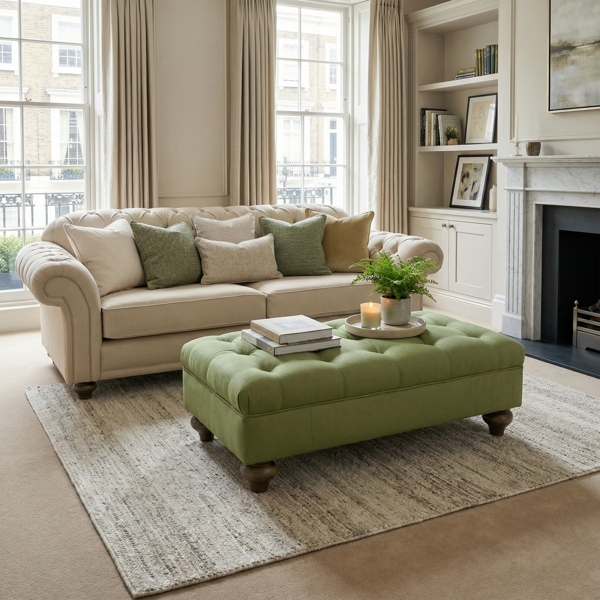 Beige sofa with cushions, Chesterfield Footstool in Olive, books, candle, and plant in a bright living room featuring large windows and classic British design accents.