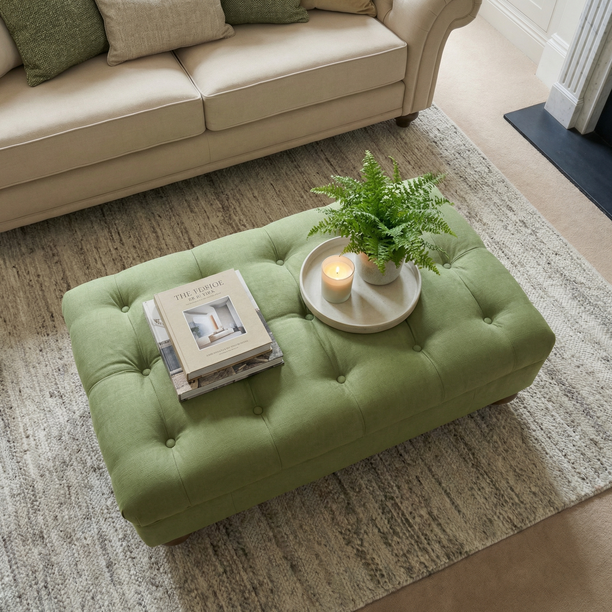 The Chesterfield Footstool in Olive, accented with button-tufted details, doubles as a chic ottoman—top it with a tray for candles, books, and plants to bring British design charm into your cozy living room.