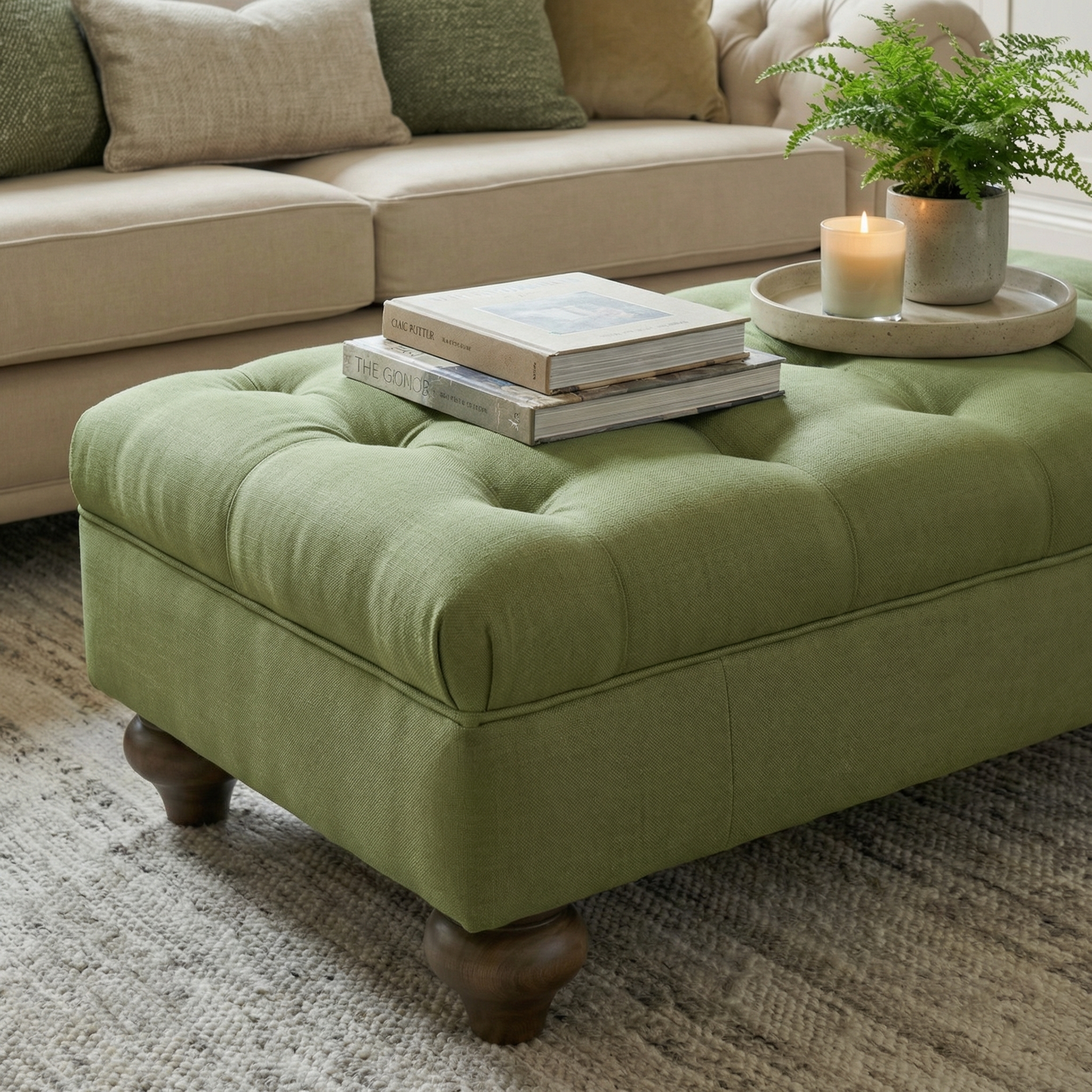 The Chesterfield Footstool in Olive, adorned with books, a lit candle, and a potted fern, sits before a beige sofa—an inviting nod to British design.