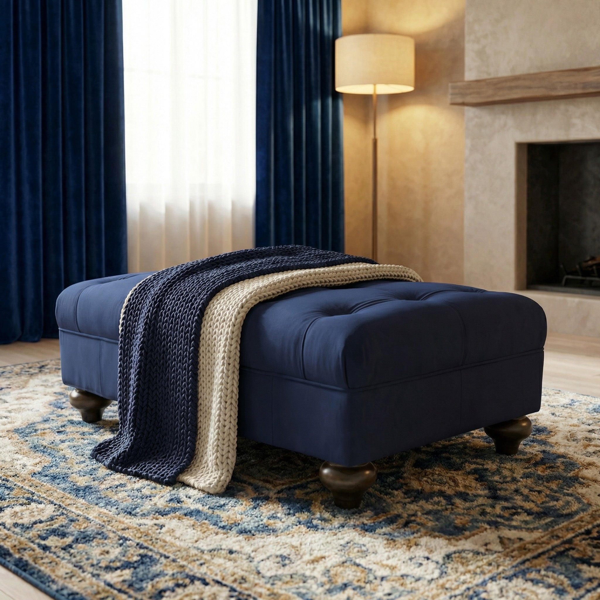 The Chesterfield Velvet Footstool in Royal Blue sits on a patterned rug in a cozy living room, topped with a knit throw blanket.