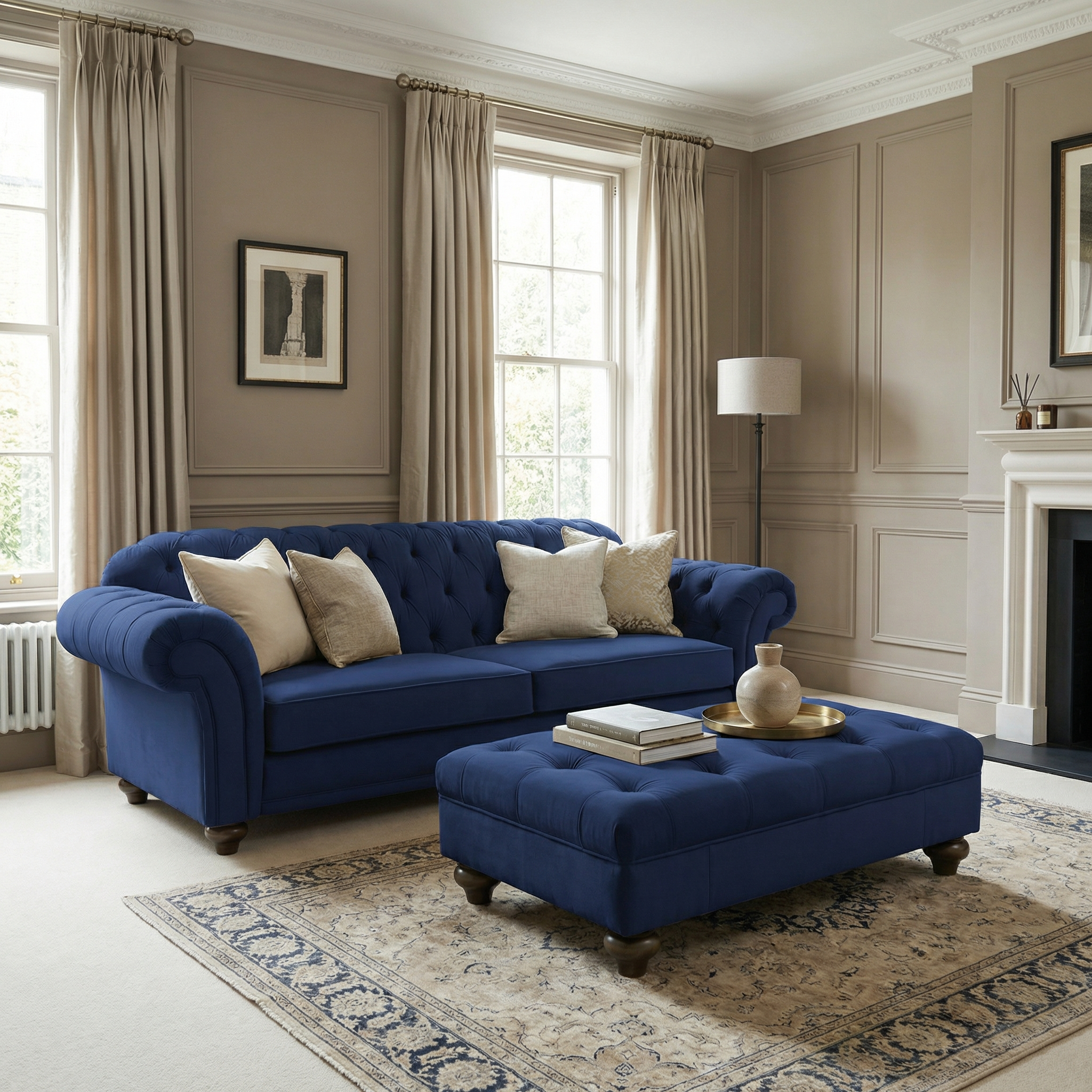 Elegant living room with a blue sofa and ottoman, beige walls, large windows, and a patterned rug. The Chesterfield Velvet Footstool in Royal Blue enhances the inviting space with a luxurious touch.