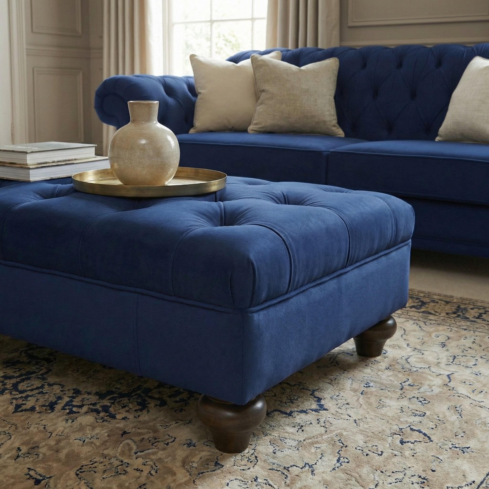 The Chesterfield Velvet Footstool in Royal Blue, styled as a tray table with a vase, sits before a matching sofa and patterned rug.