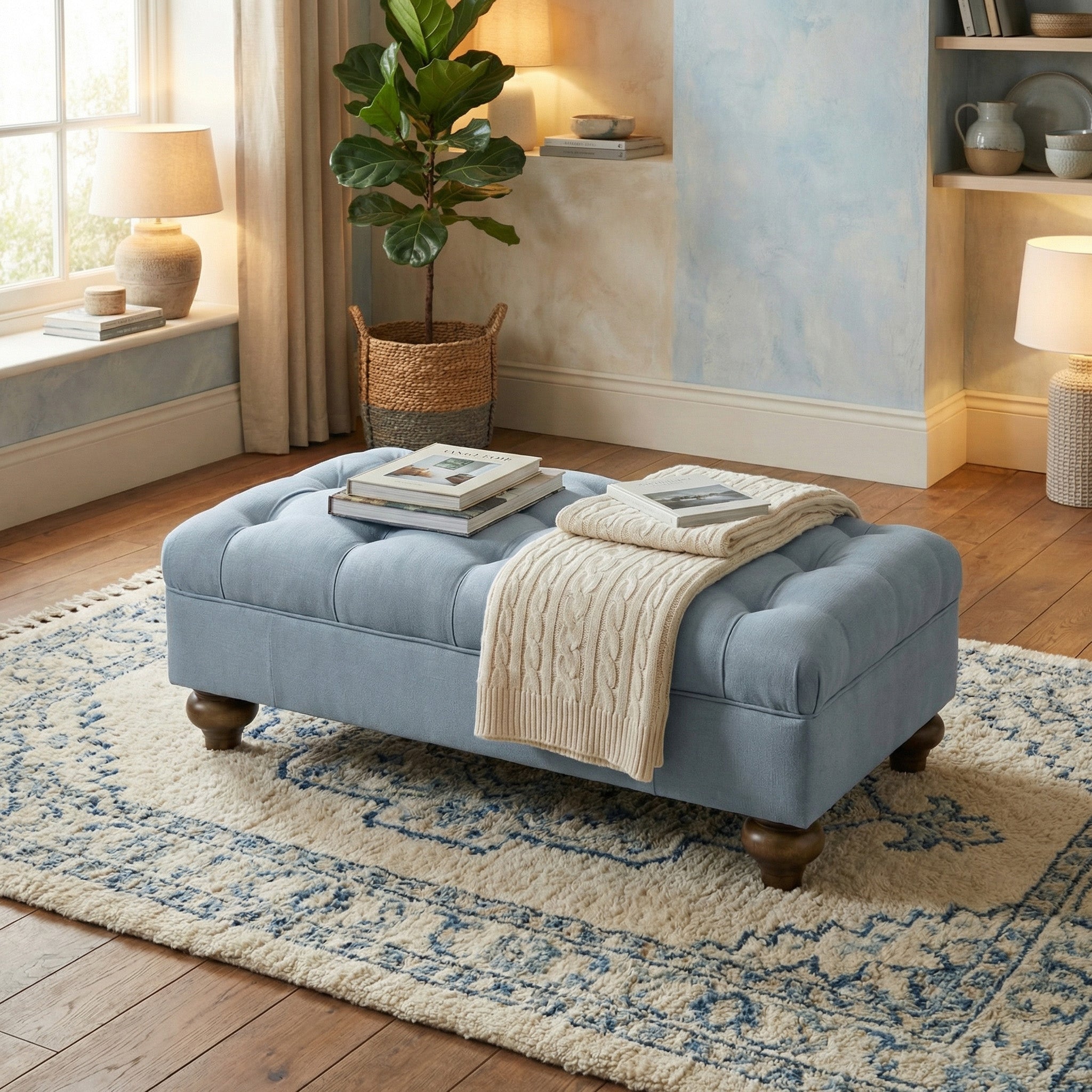 The Chesterfield Footstool in Sky Blue, paired with books and a beige throw on a patterned rug, brings handcrafted accent charm to a cozy living room.
