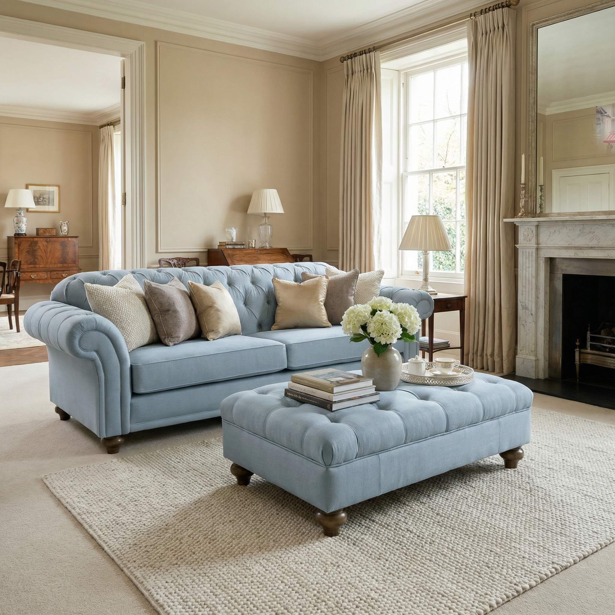 A cozy living room with a blue sofa, the Chesterfield Footstool in Sky Blue, neutral decor, and a large window letting in natural light.