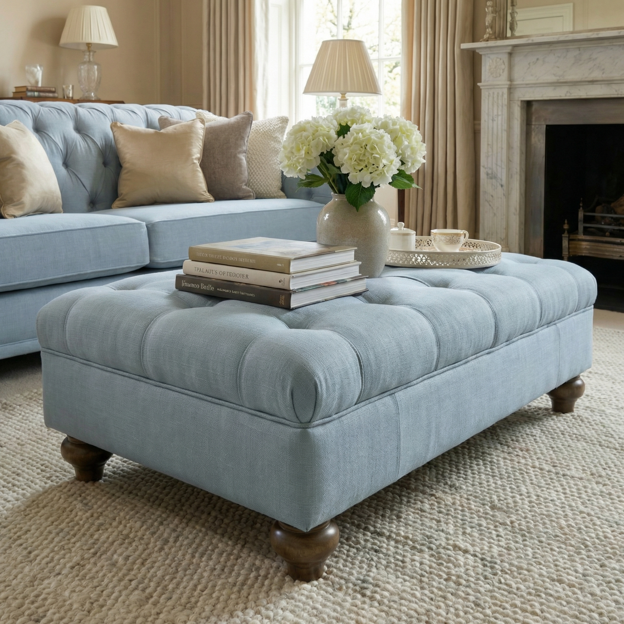 The Chesterfield Footstool in Sky Blue, paired with books, a white flower vase, and a tea set, brings cozy elegance to your living room.