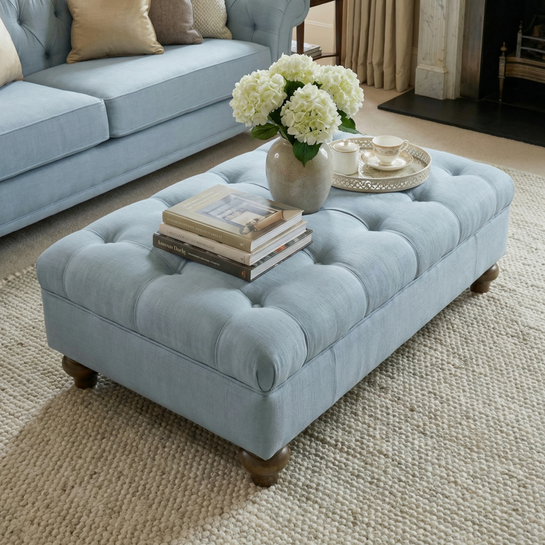 The Chesterfield Footstool in Sky Blue is styled with books, a vase of white flowers, and a tray on a textured beige rug.