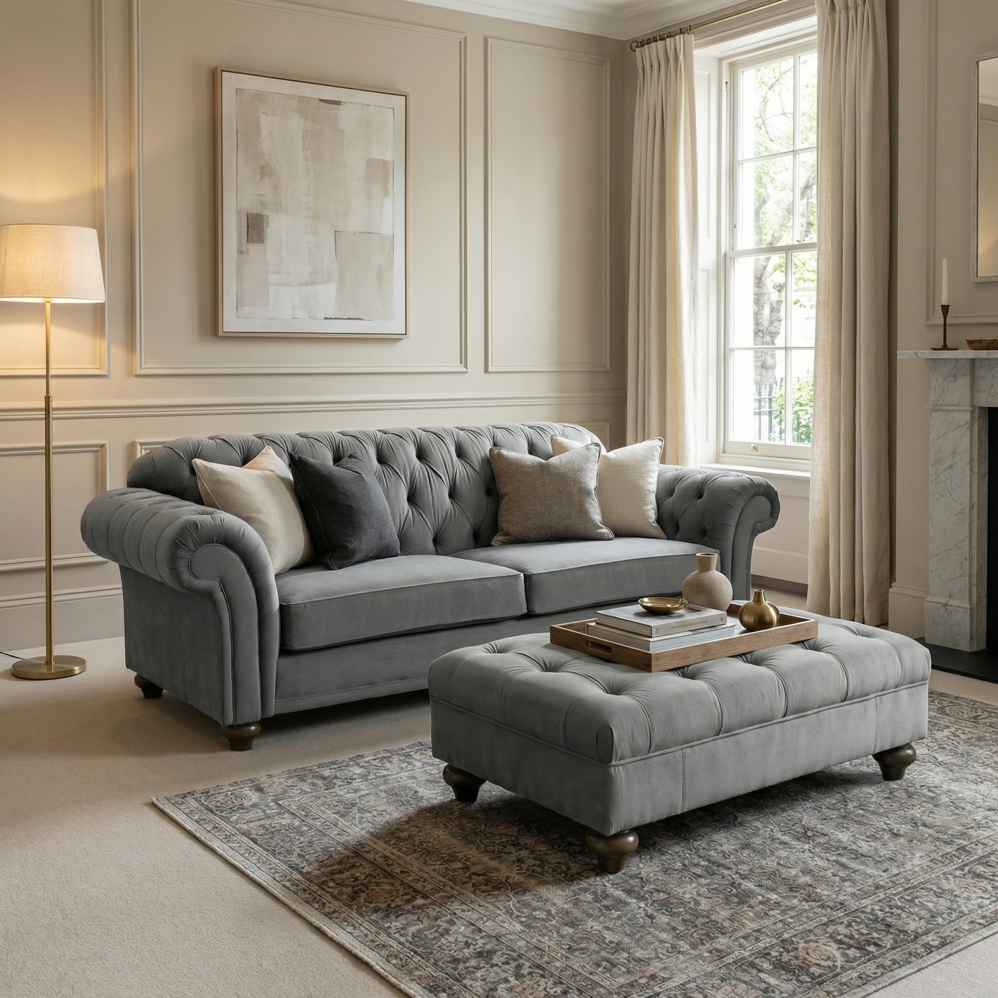 Elegant living room featuring a gray tufted sofa, Chesterfield Velvet Footstool in Steel Grey, neutral rug, and large window with beige curtains.