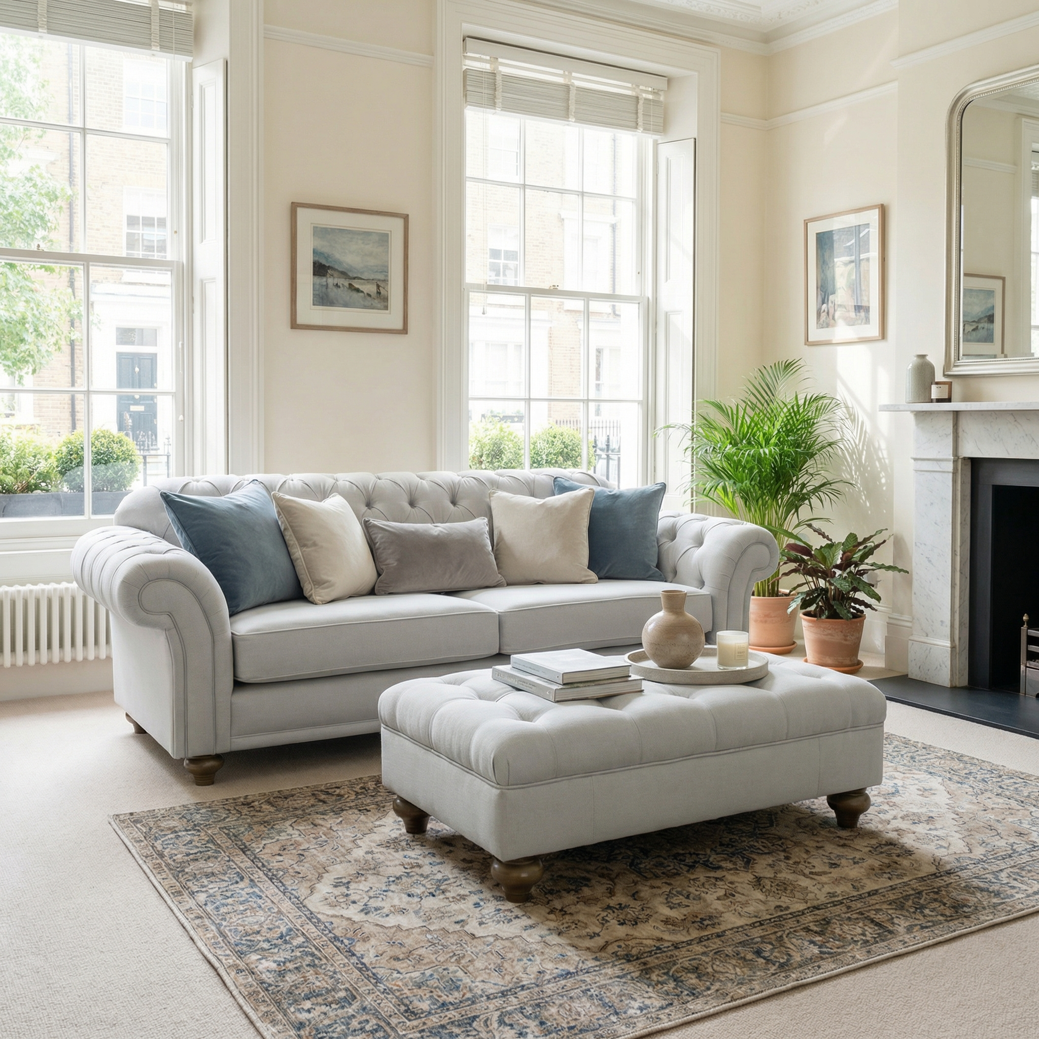 Light-filled living room with a gray sofa, a Chesterfield Footstool in Warm Grey, ottoman, houseplants, and a rug atop neutral carpet.