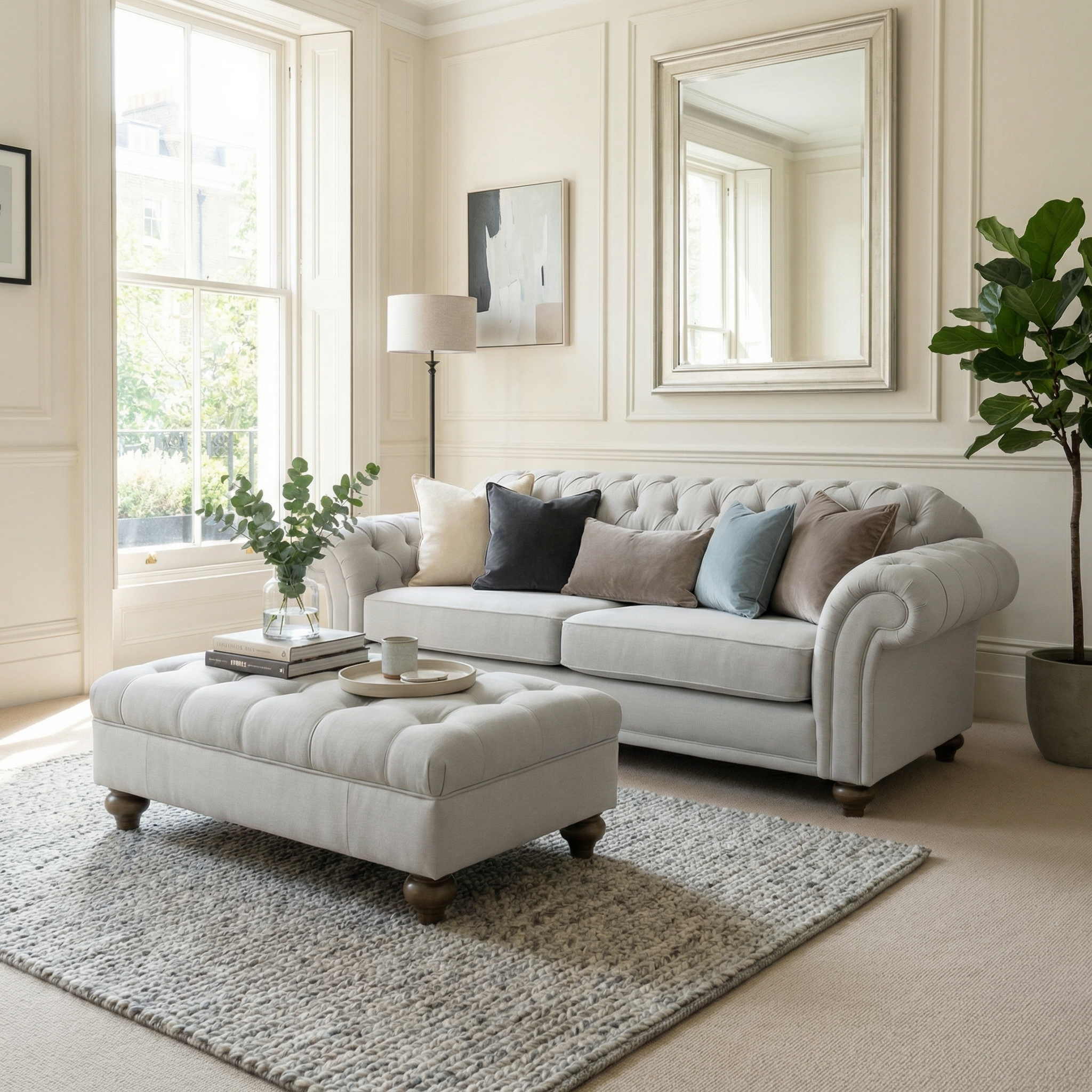 Bright living room with a tufted sofa, Chesterfield Footstool in Warm Grey, ottoman, indoor plant, and large window letting in natural light.