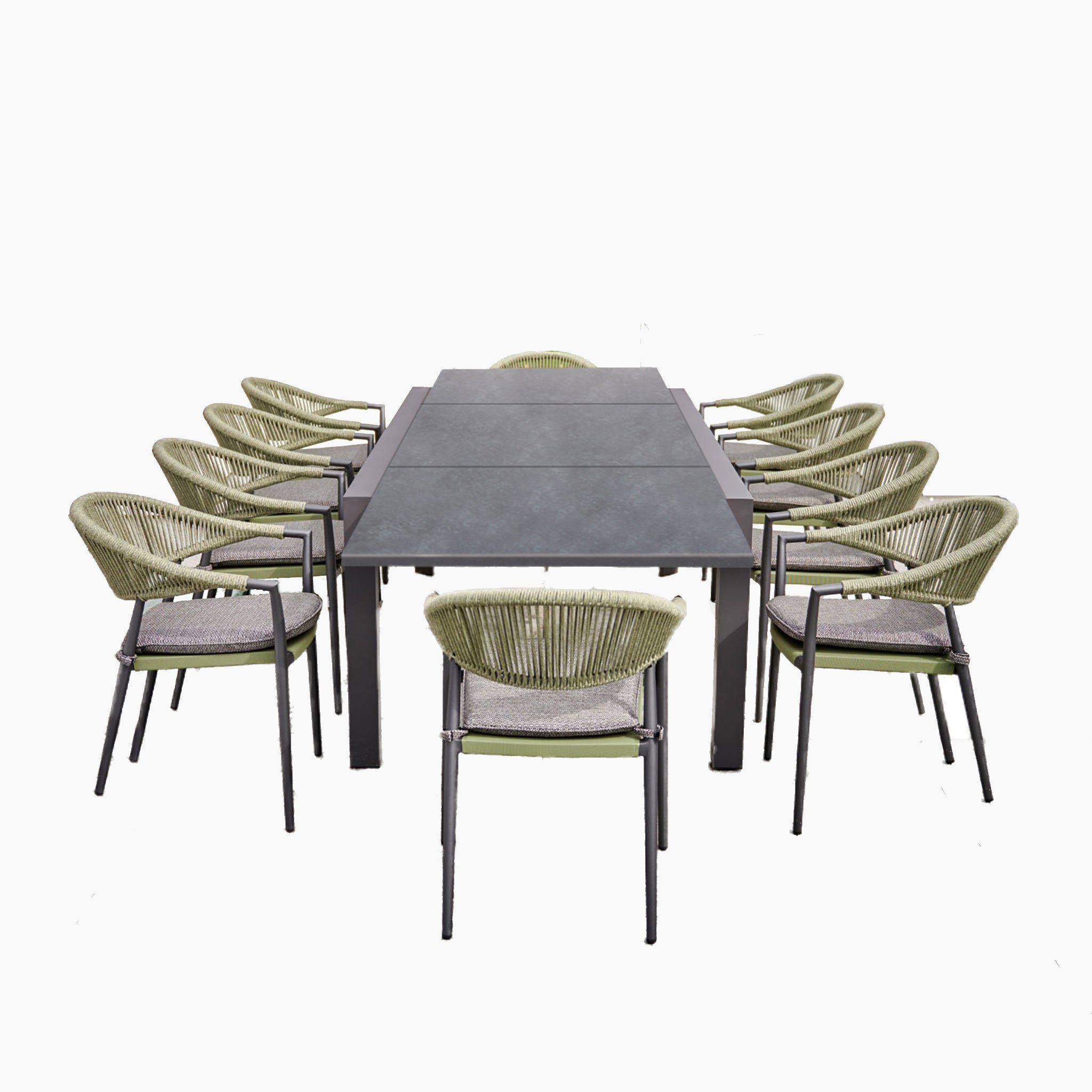 The Cloverly 8 Seat Rectangular Extending Dining Set with Ceramic Table in Olive Green features a weather-proof aluminium frame and eight green wicker chairs, all arranged around a ceramic glass table on a plain white background.