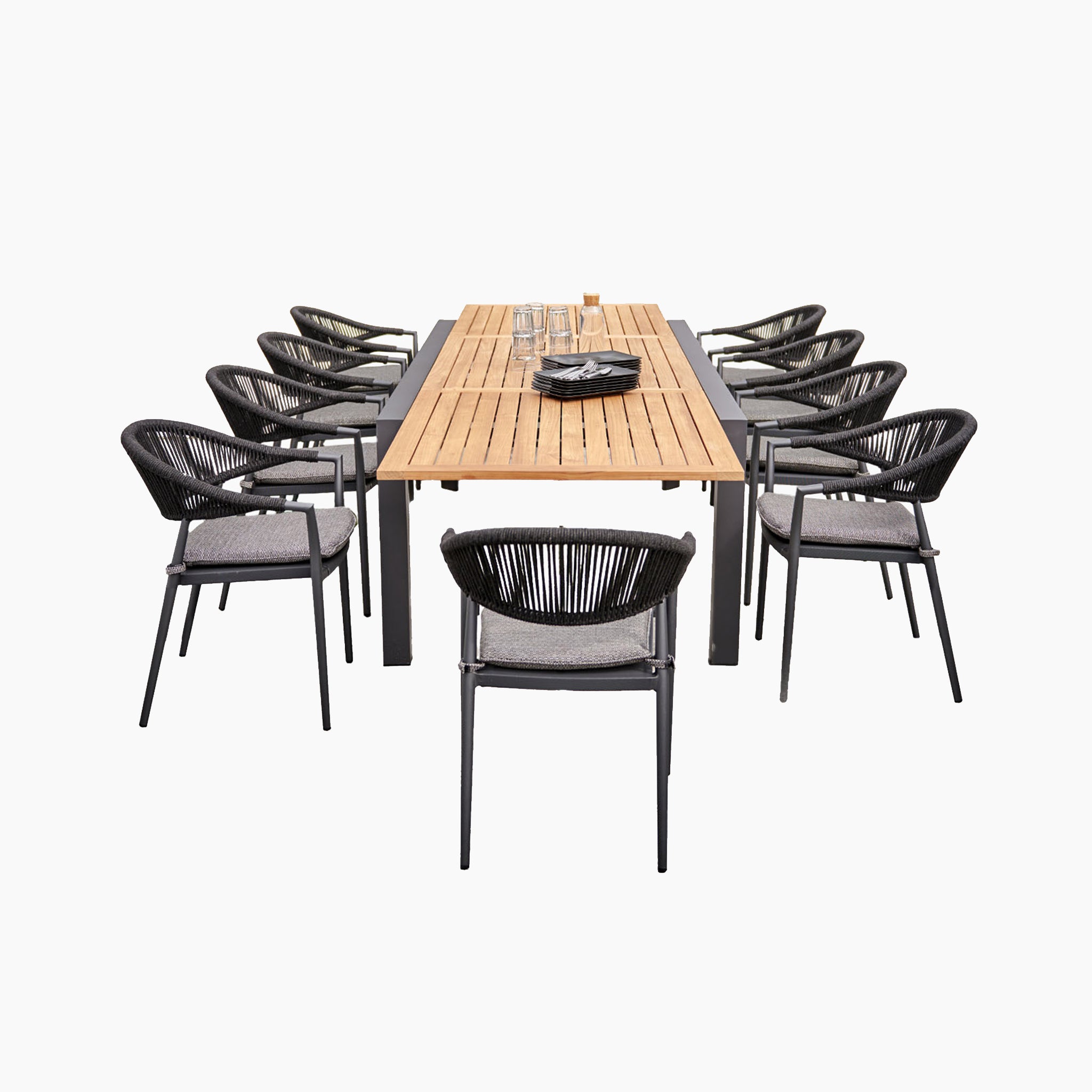 Cloverly 10 Seat Rectangular Extending Dining Set with Teak Table in Charcoal