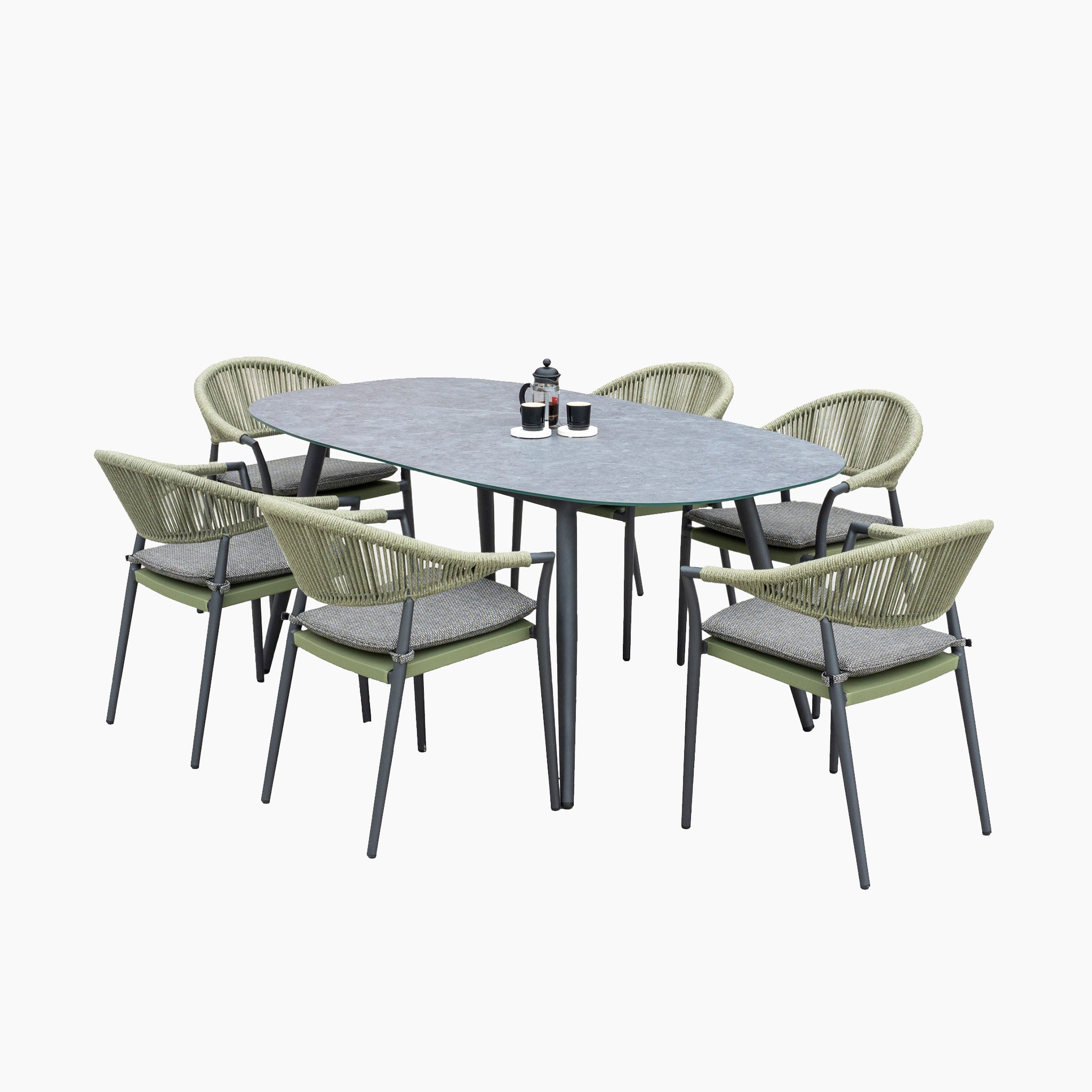 Cloverly 6 Seat Rope Oval Dining Set with Ceramic Table in Green