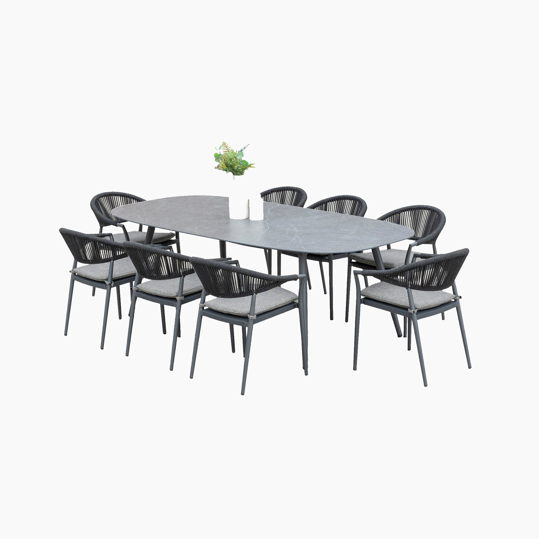 Cloverly 8 Seat Rope Oval Dining Set with Ceramic Table in Charcoal