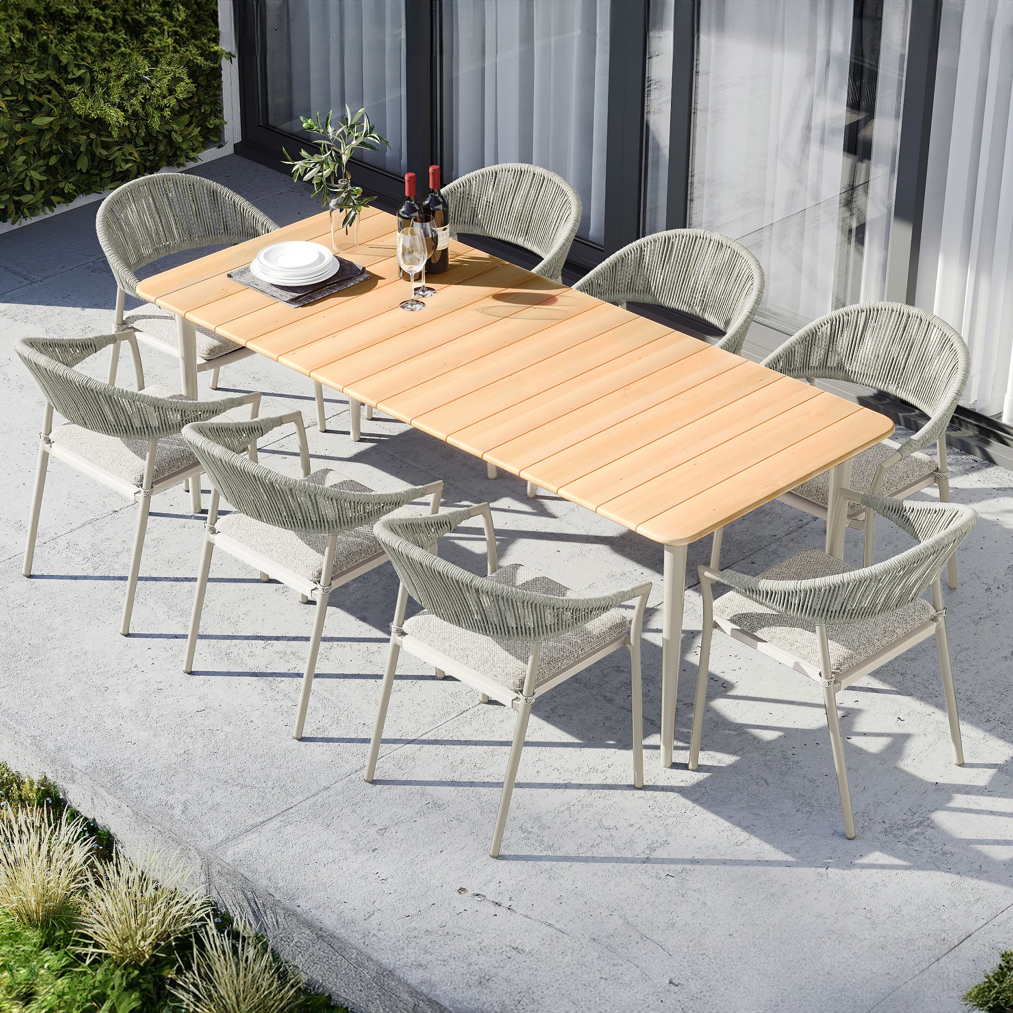 Cloverly 8 Seat Rectangular Dining with Teak Table in Latte