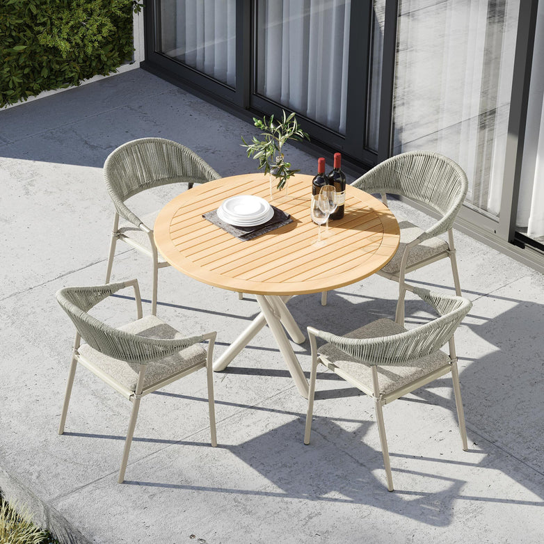 Cloverly 4 Seat Round Dining Set with Teak Table Top in Latte