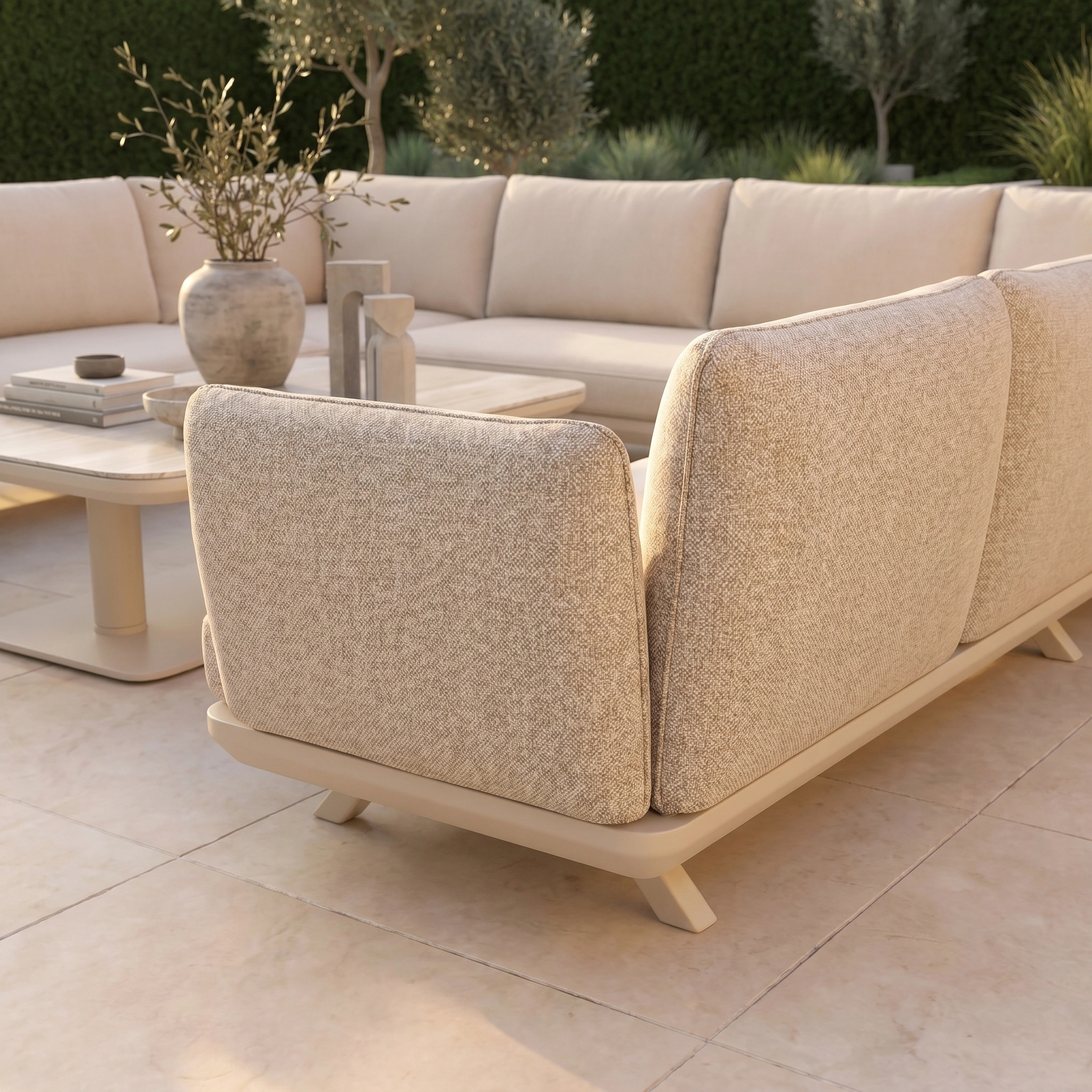 Como U-Shape Corner Sofa Set with Altura Rising Table in Oatmeal, featuring plush cushions, on a tiled patio surrounded by greenery.