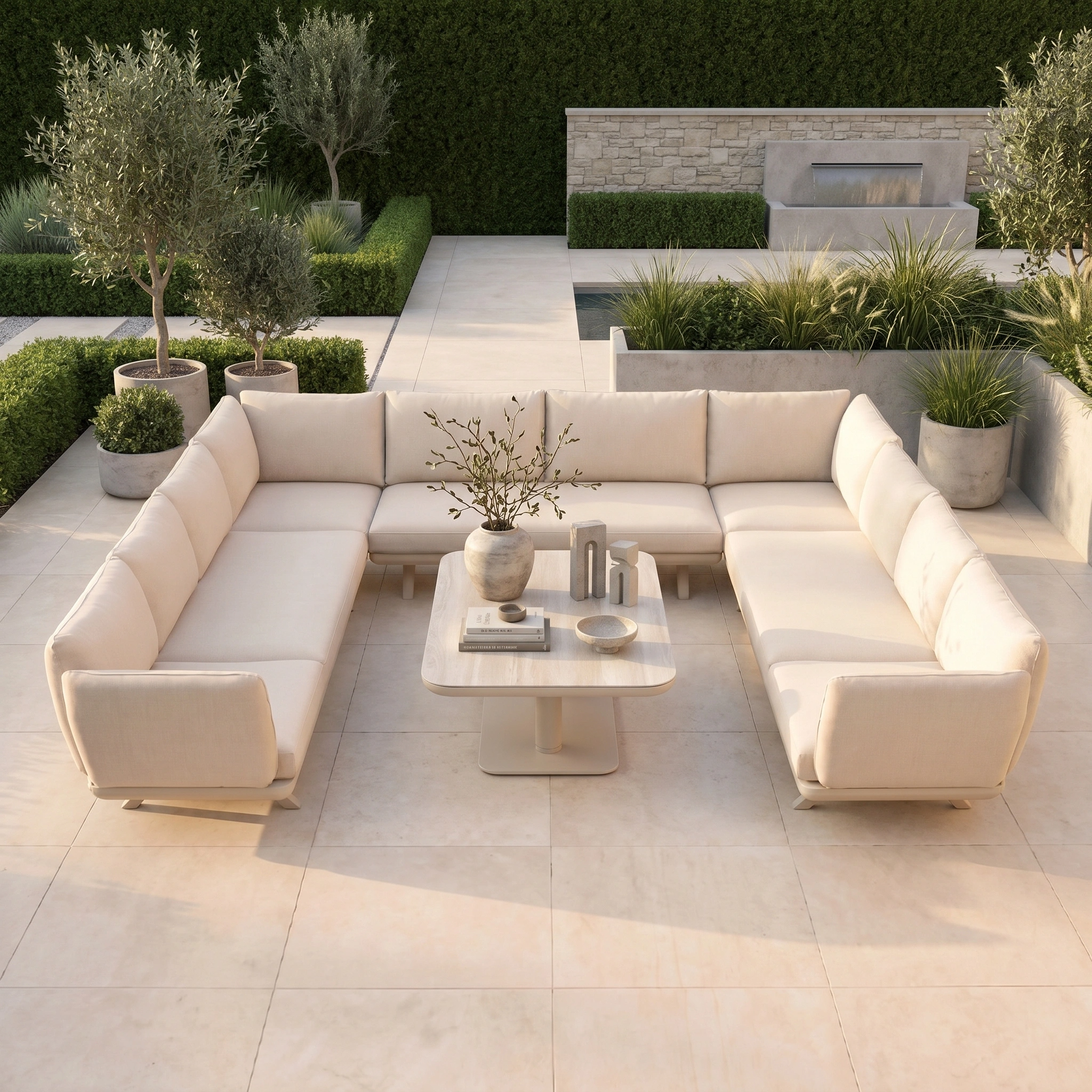 The Como U-Shape Corner Sofa Set with Altura Rising Table in Oatmeal is arranged on a tiled patio, surrounded by potted plants and manicured greenery.