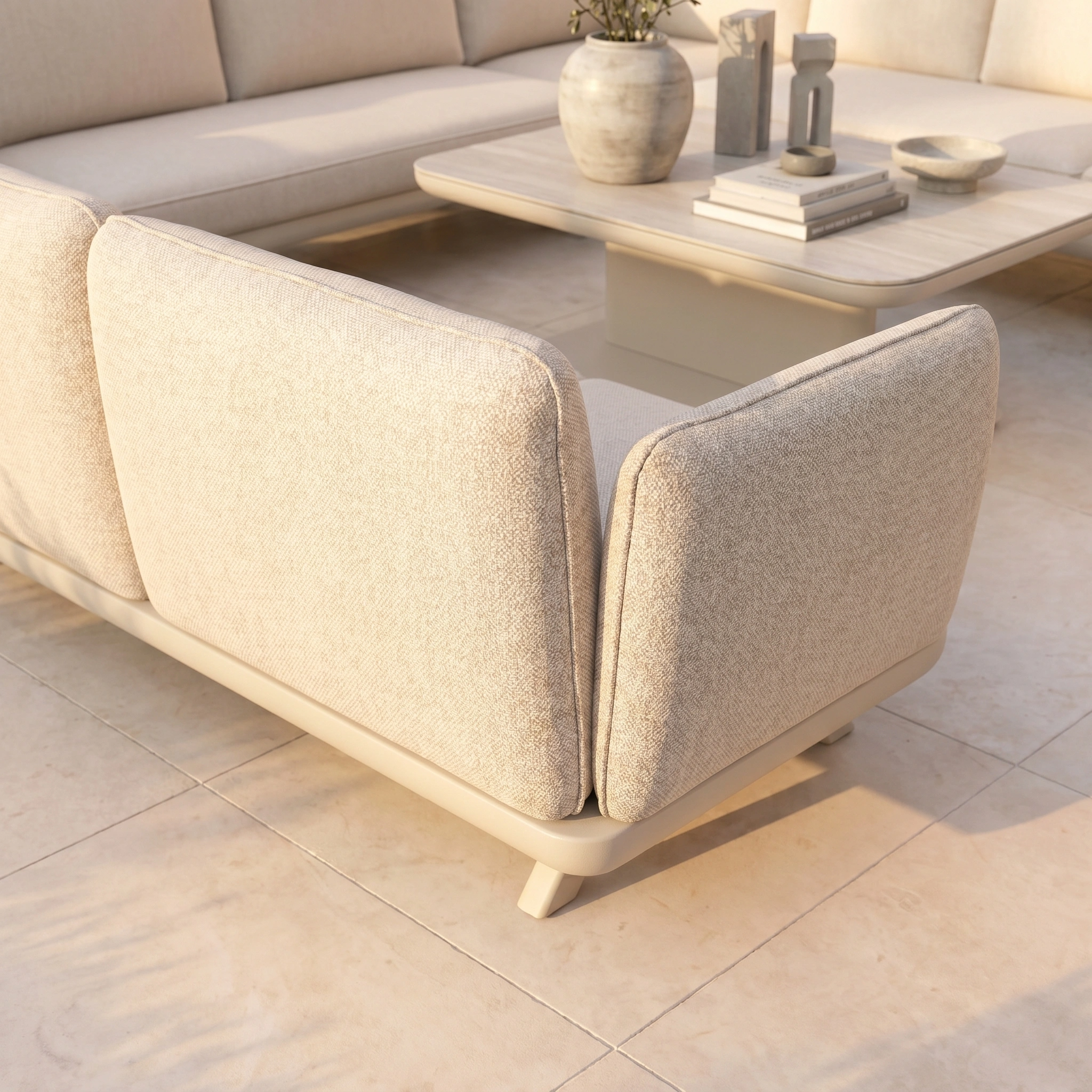 The Como U-Shape Corner Sofa Set with Altura Rising Table in Oatmeal sits on a light tiled floor in natural sunlight, creating a modern look ideal for pairing with Aluminium Outdoor Furniture.