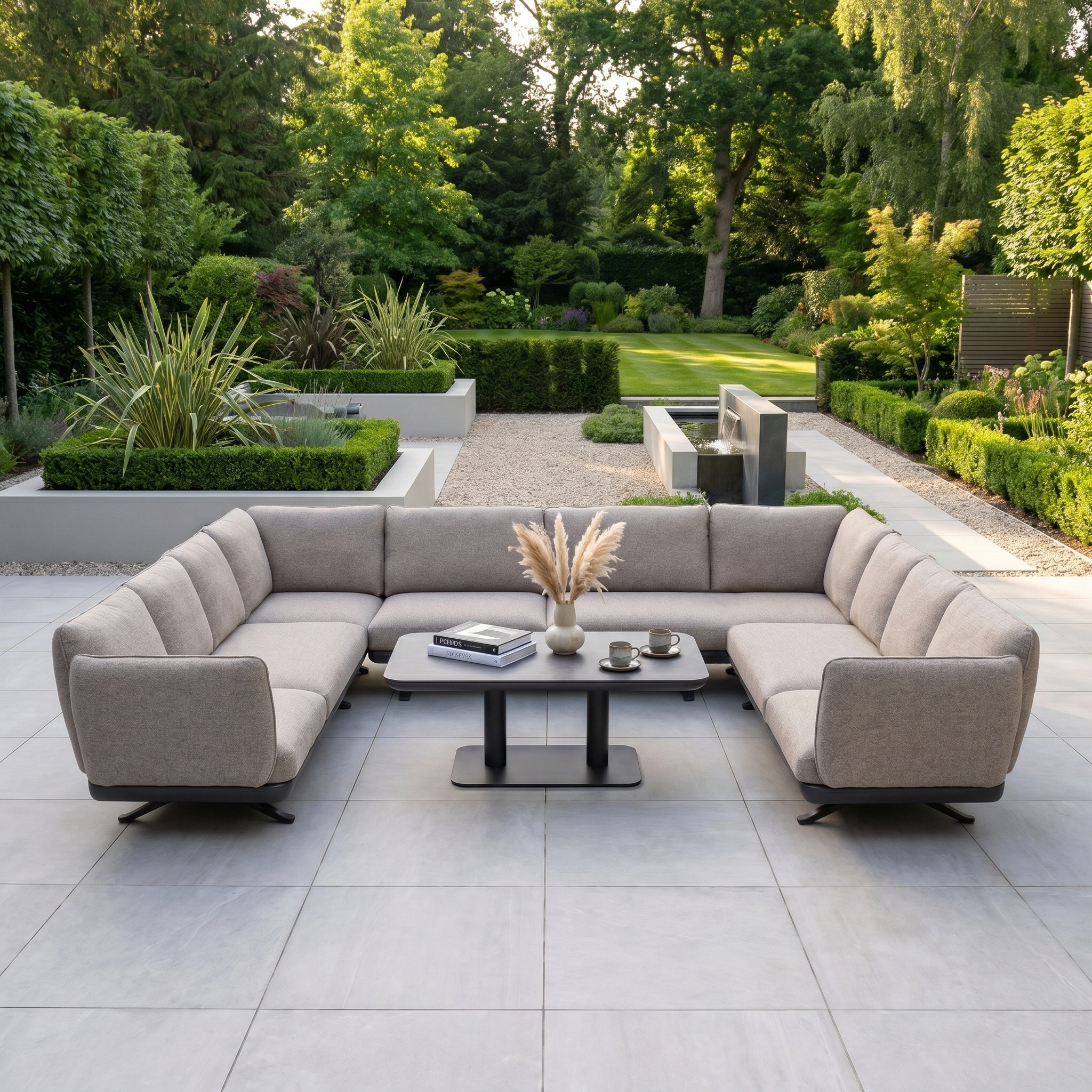 Modern outdoor patio with the Como U-Shape Corner Sofa Set and Altura Rising Table in Truffle, set against a lush garden—perfect for relaxing with contemporary aluminium garden furniture.