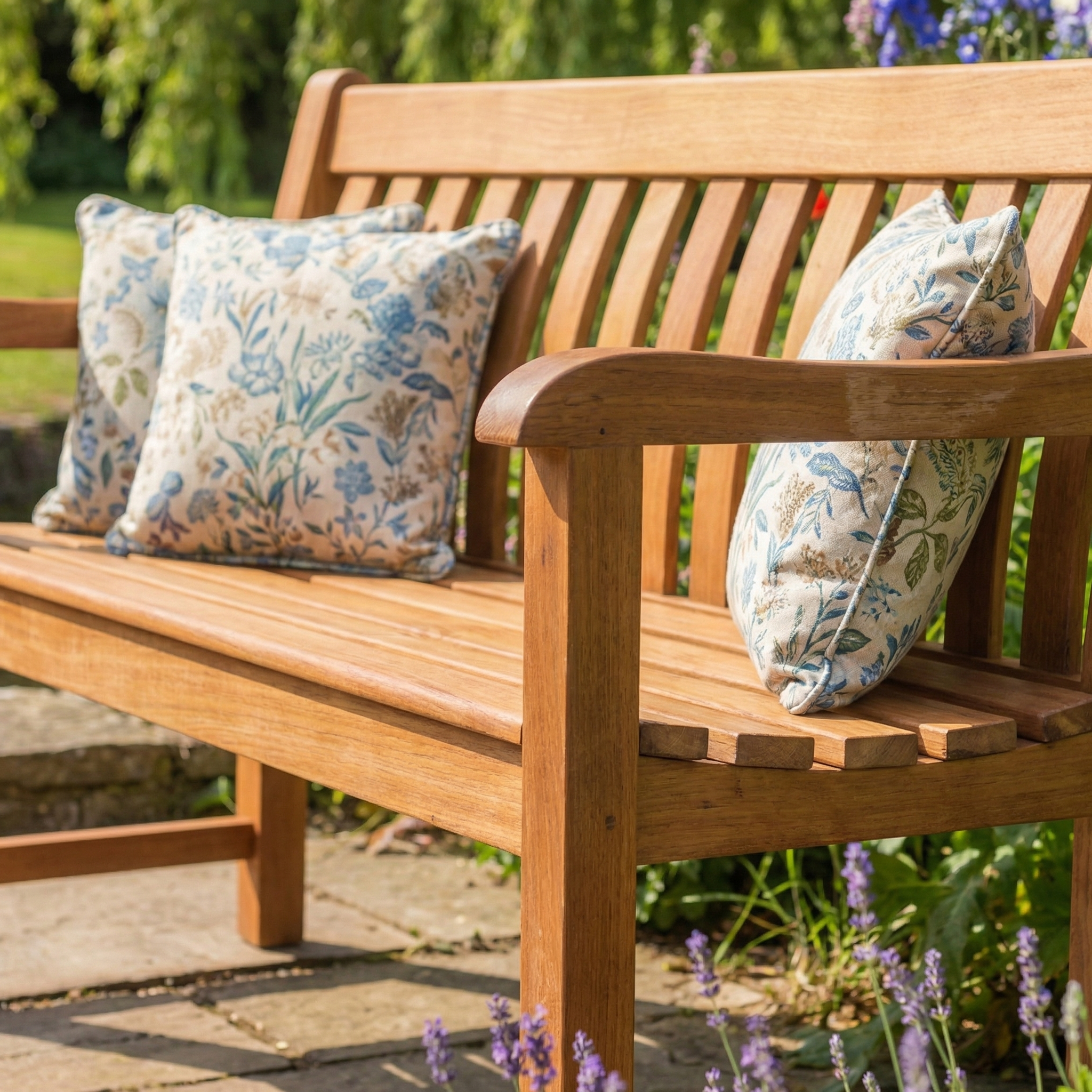 The Cornis St George Bench - 4ft, featuring an oiled finish and two floral-patterned cushions, sits among green grass and purple flowers—ideal for enjoying the outdoor lifestyle.