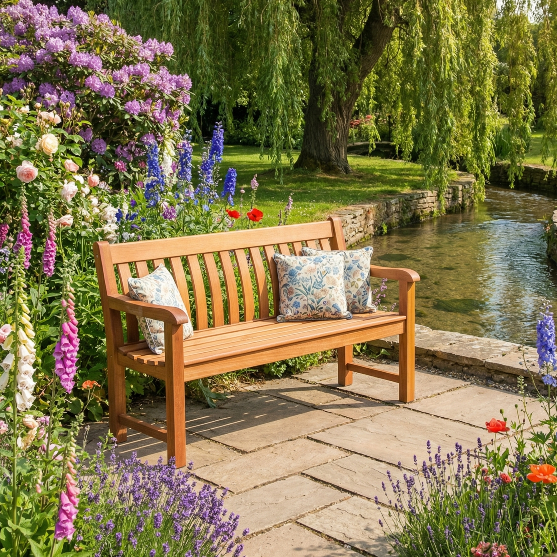 The Cornis St George Bench - 4ft, with its oiled finish and comfy cushions, brings relaxation to a vibrant flower garden by a gentle stream under leafy trees—ideal for embracing outdoor living.