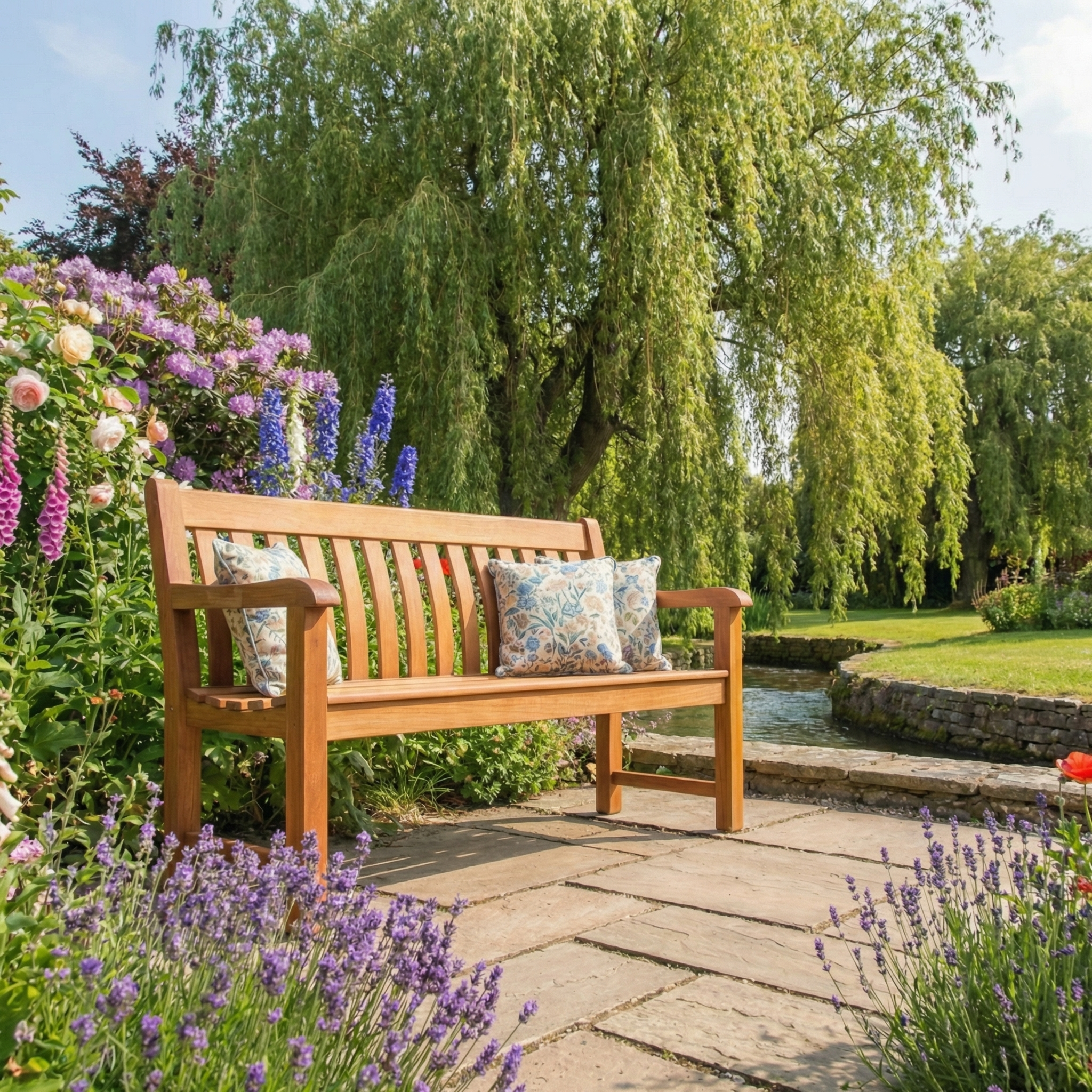 The Cornis St George Bench - 4ft, crafted from durable Cornis wood with an elegant oiled finish, is ideal for sunny gardens—surrounded by flowers and greenery, it brings lasting beauty and comfort to your outdoor lifestyle.