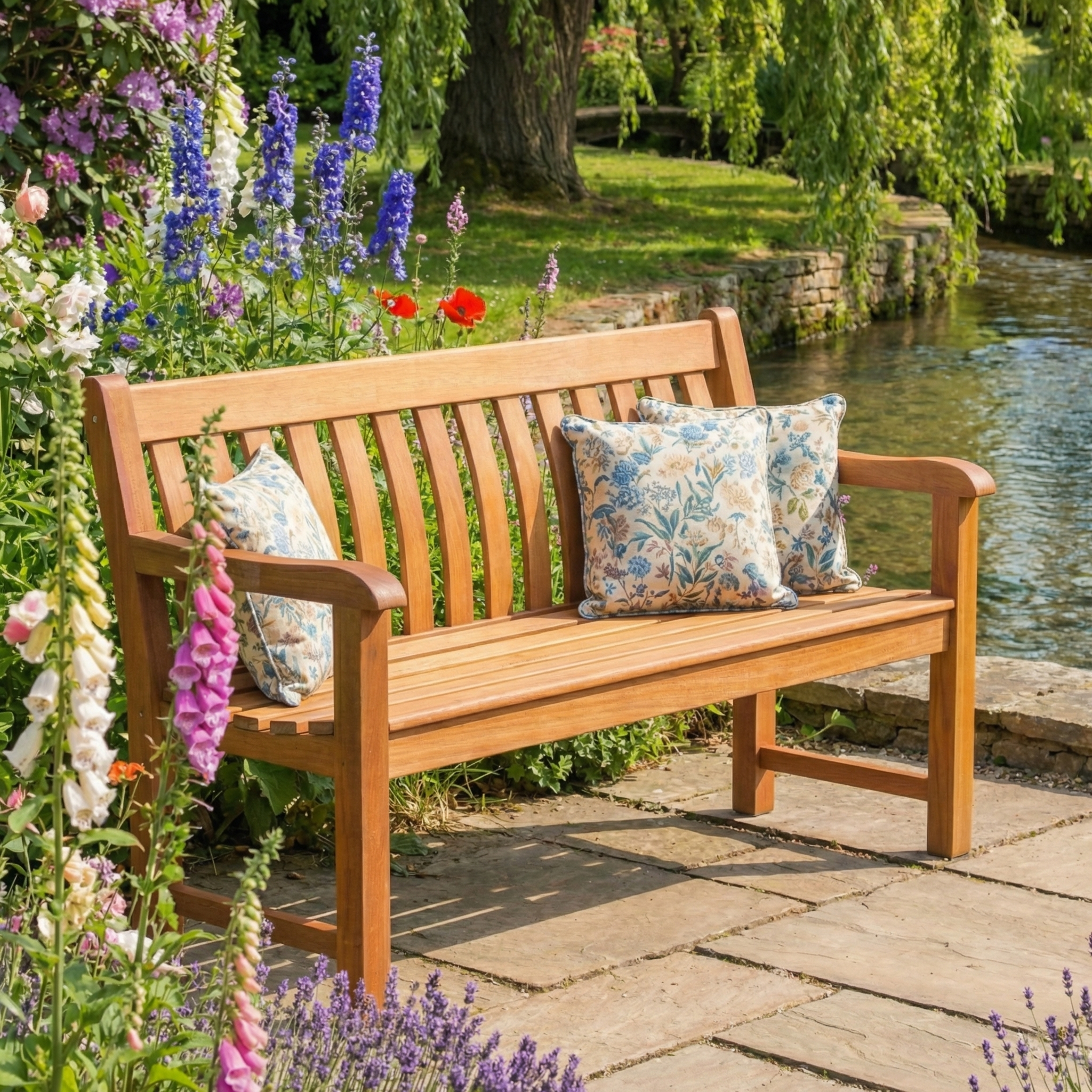 The Cornis St George Bench - 4ft, featuring an oiled finish and floral cushions, sits in a sunny garden surrounded by vibrant flowers near a peaceful pond—ideal for relaxing and enjoying the outdoor lifestyle.