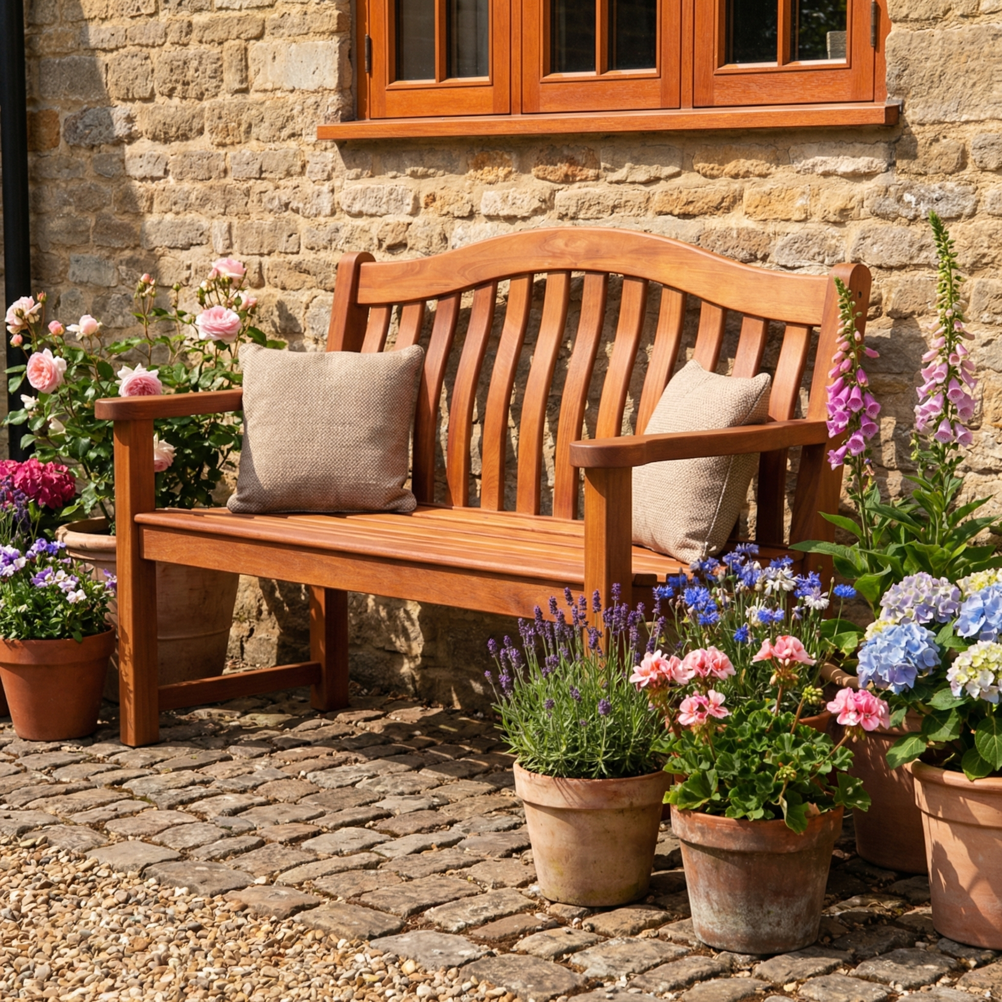 The Cornis Turnberry Bench - 5ft with cushions is surrounded by potted flowers on a cobblestone patio in front of a stone house, creating a cozy and inviting outdoor setting.