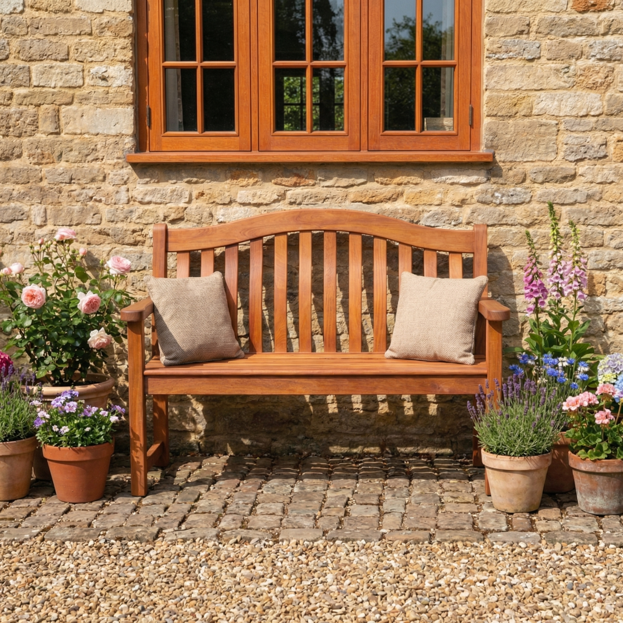 The 5ft Cornis Turnberry Bench, complete with two cushions, rests among potted flowers in front of a stone house window, creating an inviting outdoor garden setting.