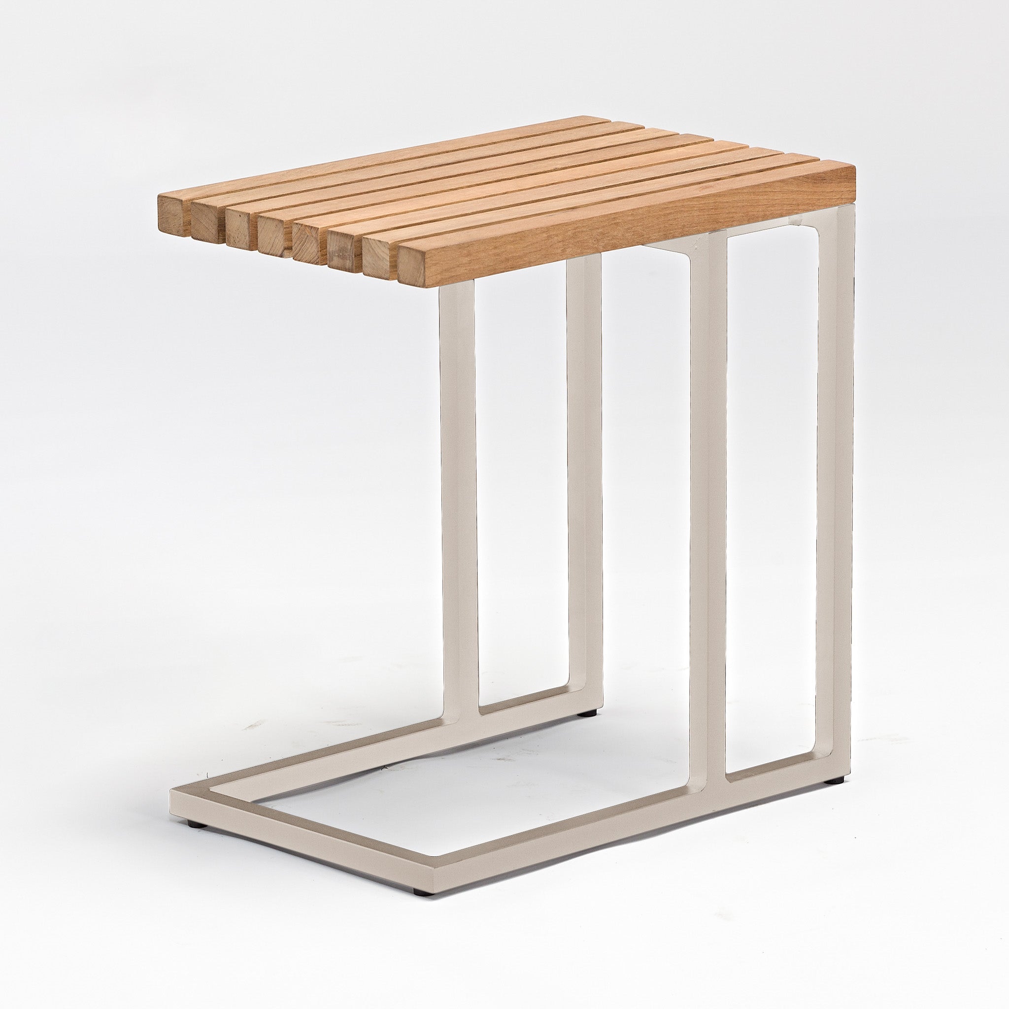 The Cube Side Table with Teak Top in Latte features a modern wooden slatted teak surface and a white metal frame, displayed against a plain background.