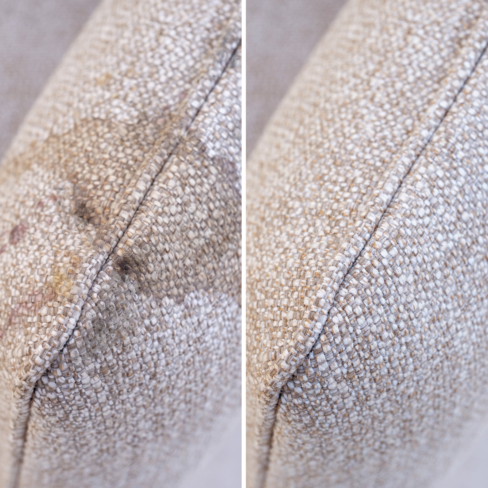 A side-by-side of a couch cushion: one side dirty with stains, the other side clean and spotless, thanks to the Outdoor Furniture Cushion, Rope and Upholstery Protector that keeps your cushions looking fresh.