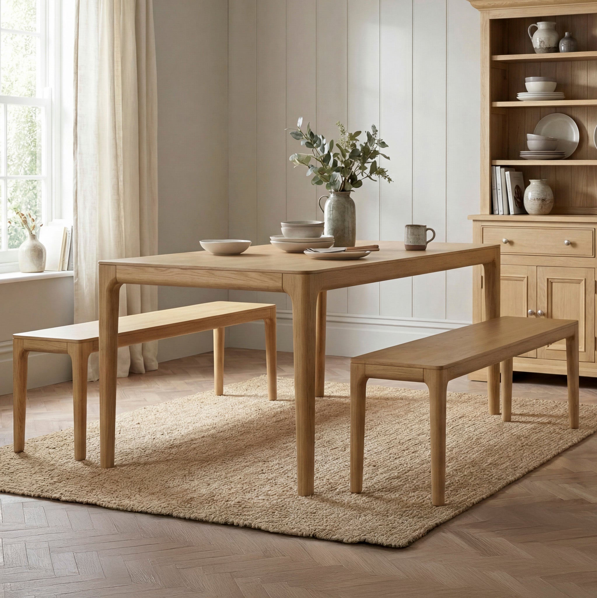 Minimalist dining room featuring the Marlow 8 Seat Dining Set with Wooden Benches in Light Oak, complemented by neutral dishes and a vase on a textured rug.
