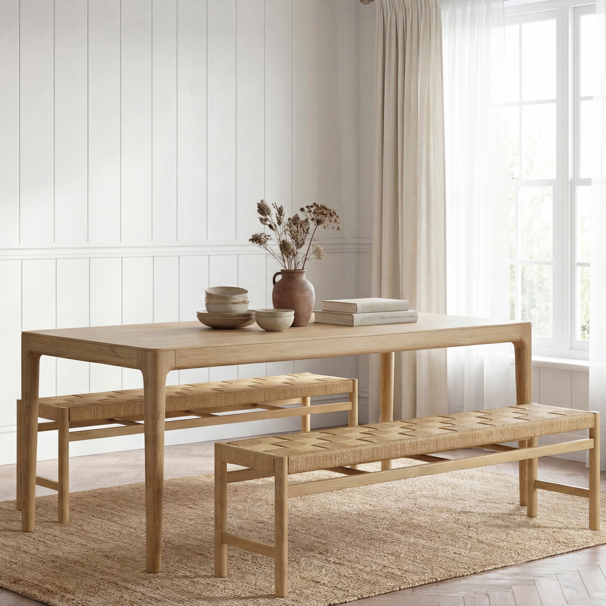 Minimalist dining room featuring the Marlow 8 Seat Dining Set with Woven Benches in Light Oak, topped with a vase of dried flowers and set on a rug.