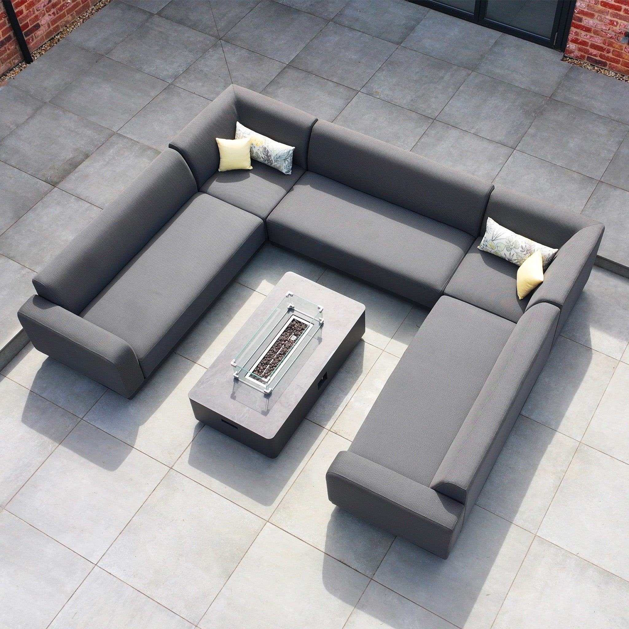 Luna U-Shape Outdoor Fabric Sofa Set with Firepit Coffee Table in Grey