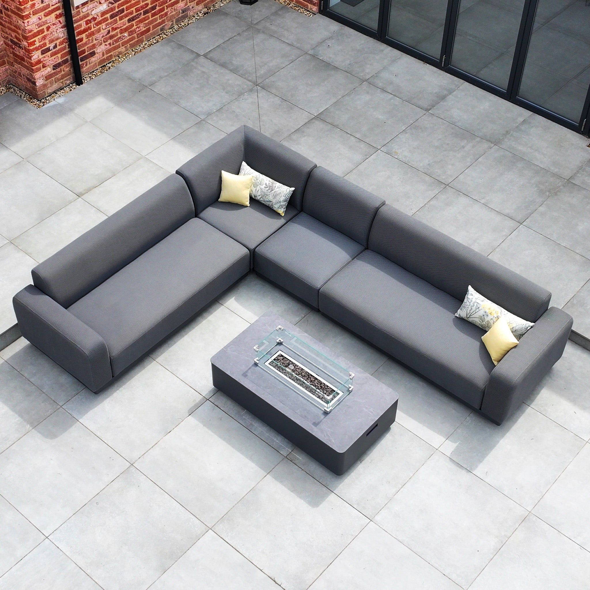 Luna Outdoor Fabric Large Corner Group Set with Firepit Coffee Table in Grey
