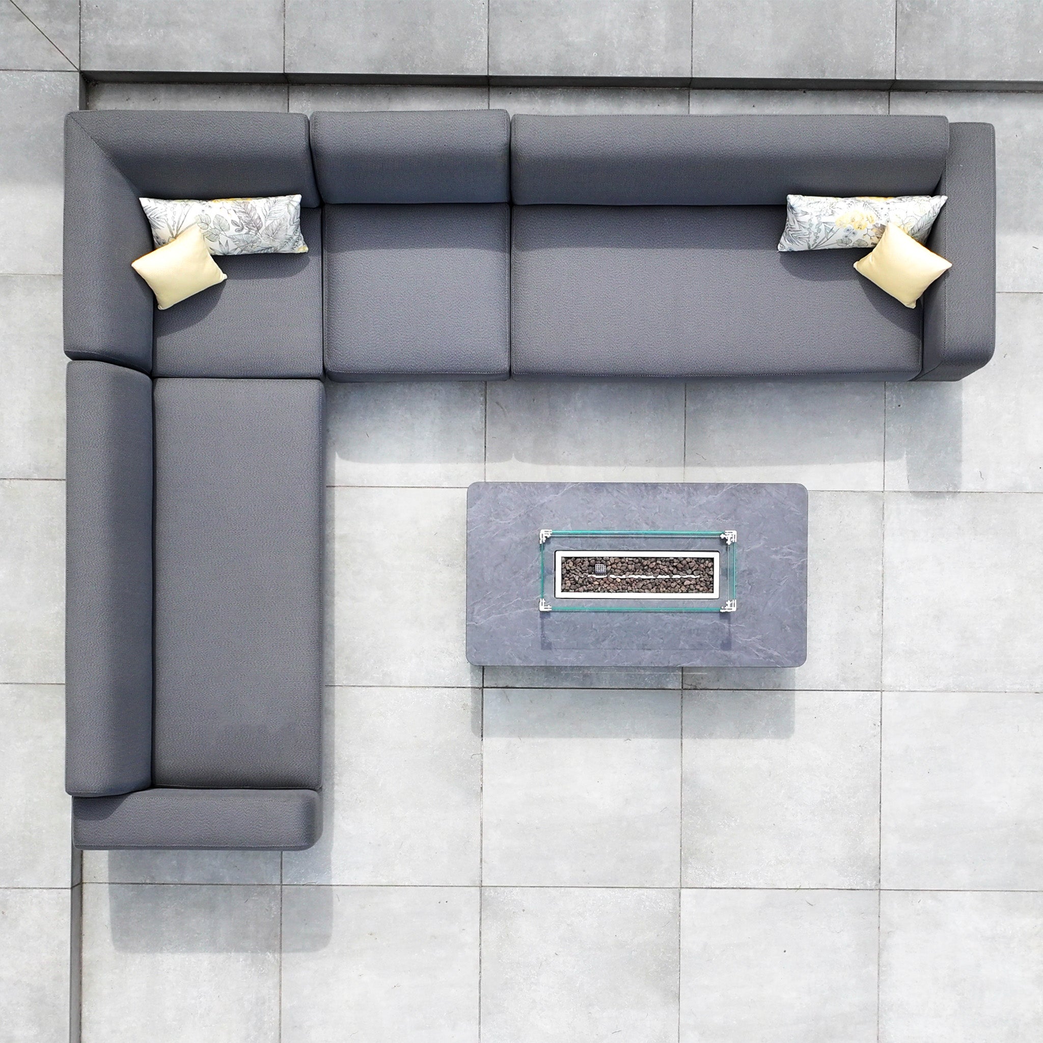 Luna Outdoor Fabric Corner Sofa Set with Firepit Coffee Table in Grey