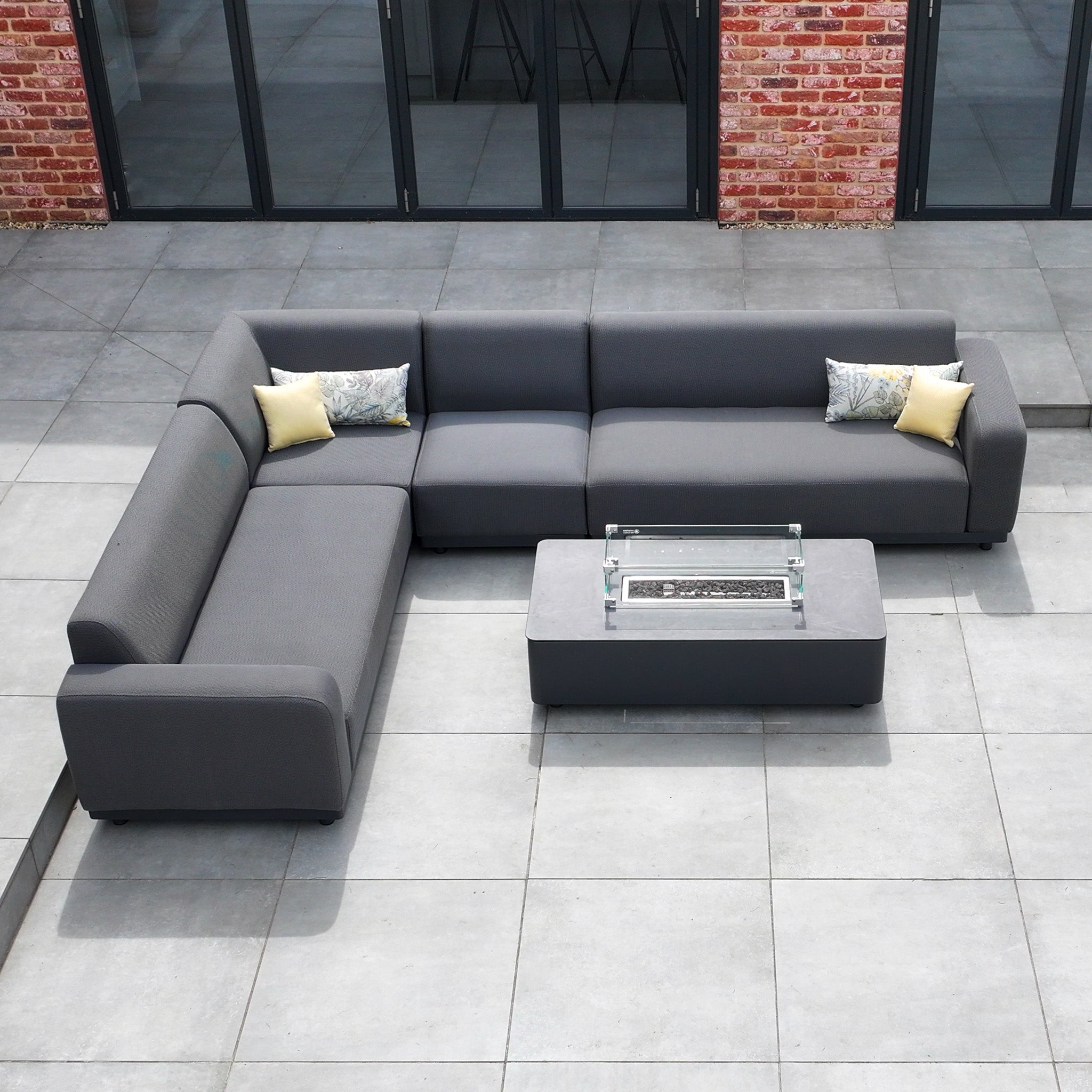 Luna Outdoor Fabric Corner Sofa Set with Firepit Coffee Table in Grey