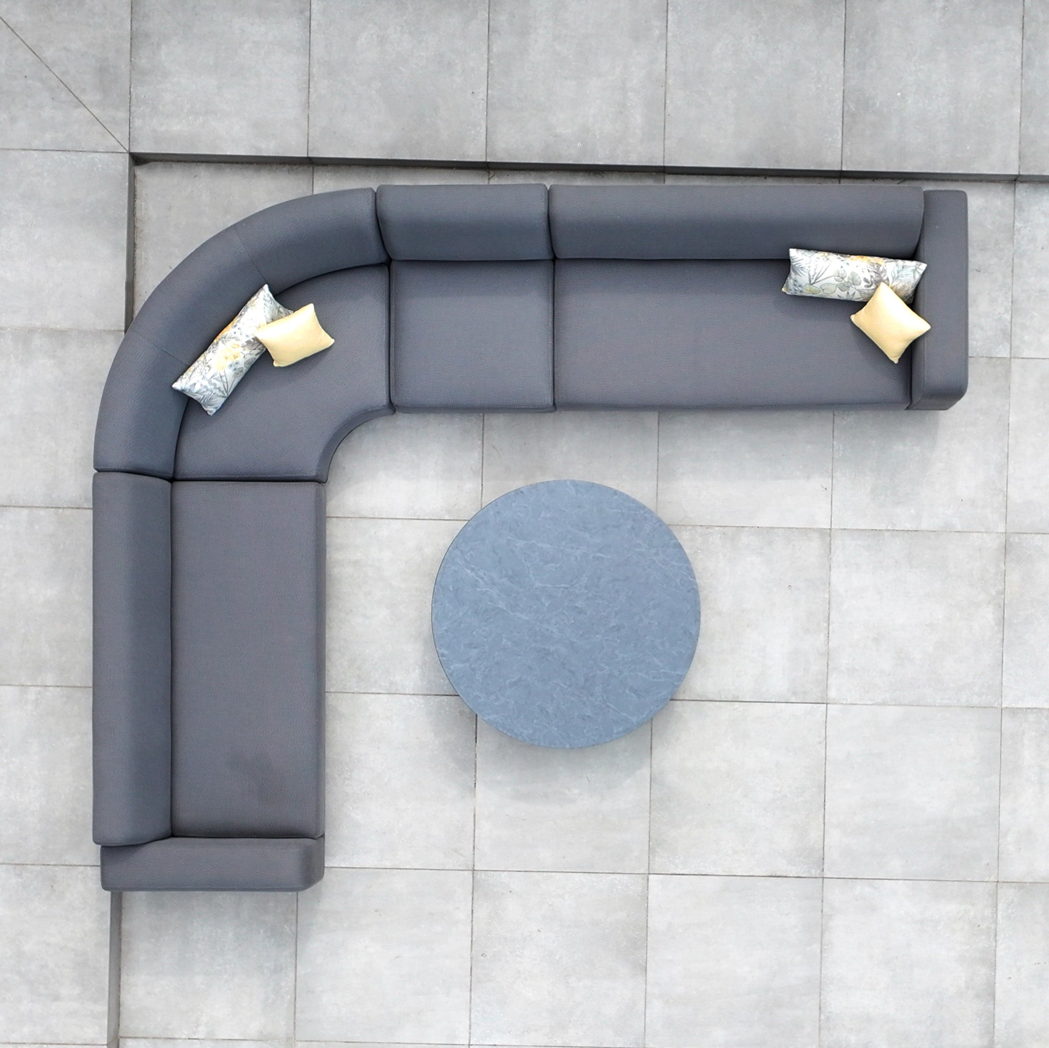 Luna Outdoor Fabric Large Curved Corner Group Set with Round Coffee Table in Grey