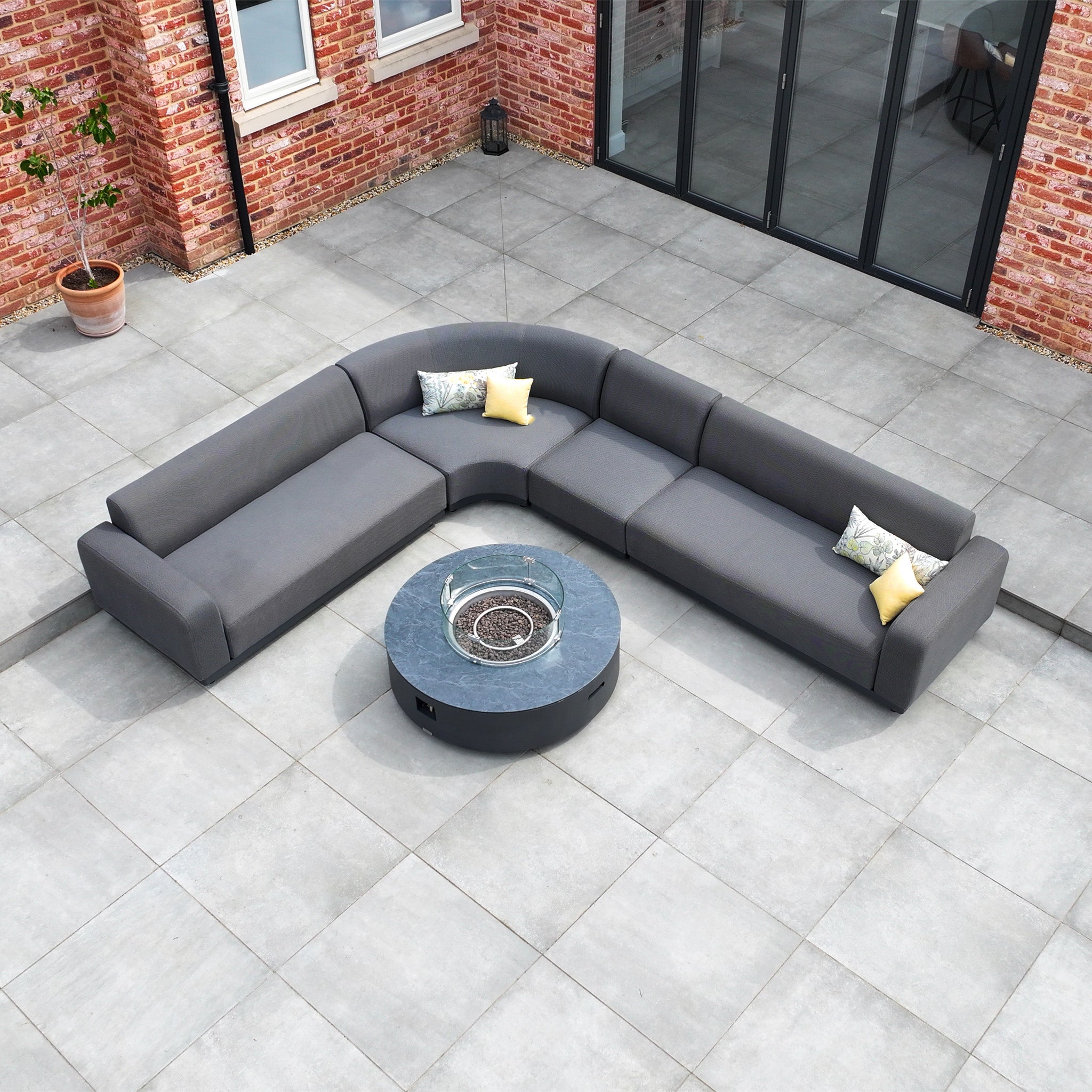 Luna Outdoor Fabric Large Curved Corner Group Set with Round Firepit Coffee Table in Grey