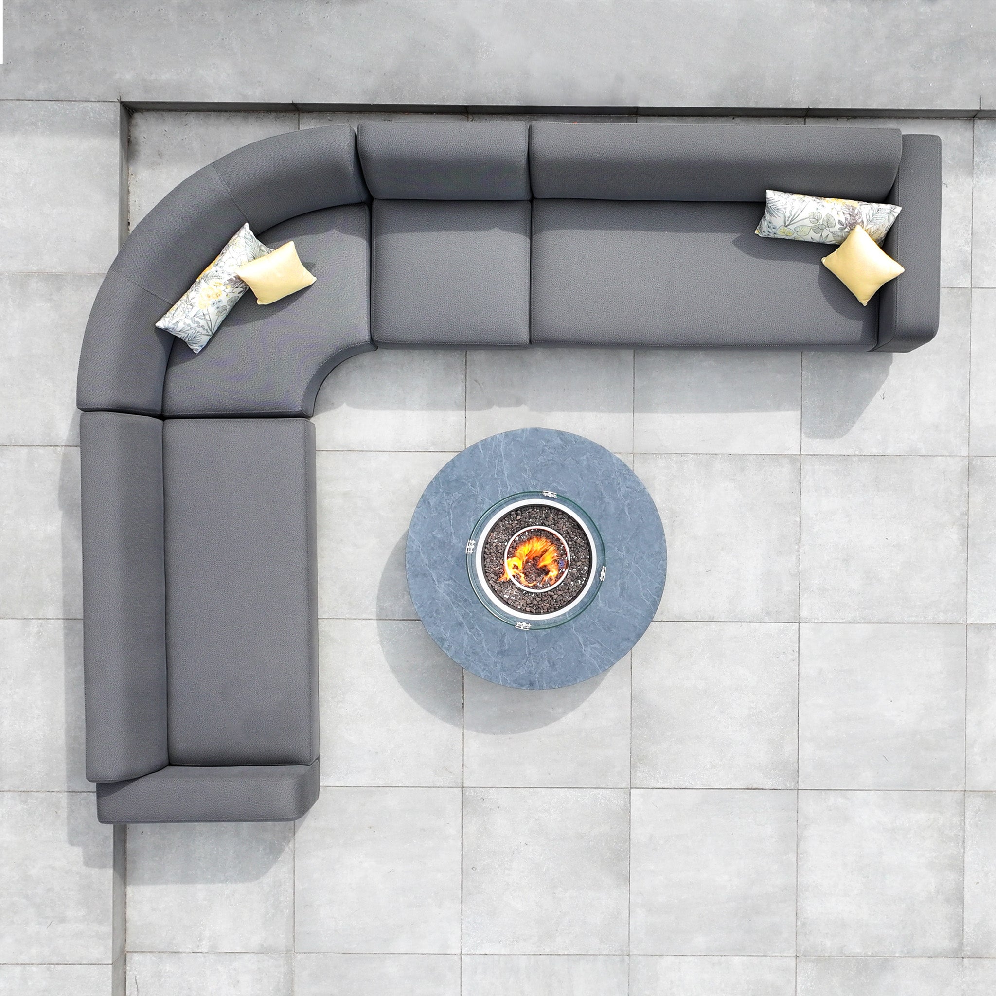 Luna Outdoor Fabric Large Curved Corner Group Set with Round Firepit Coffee Table in Grey