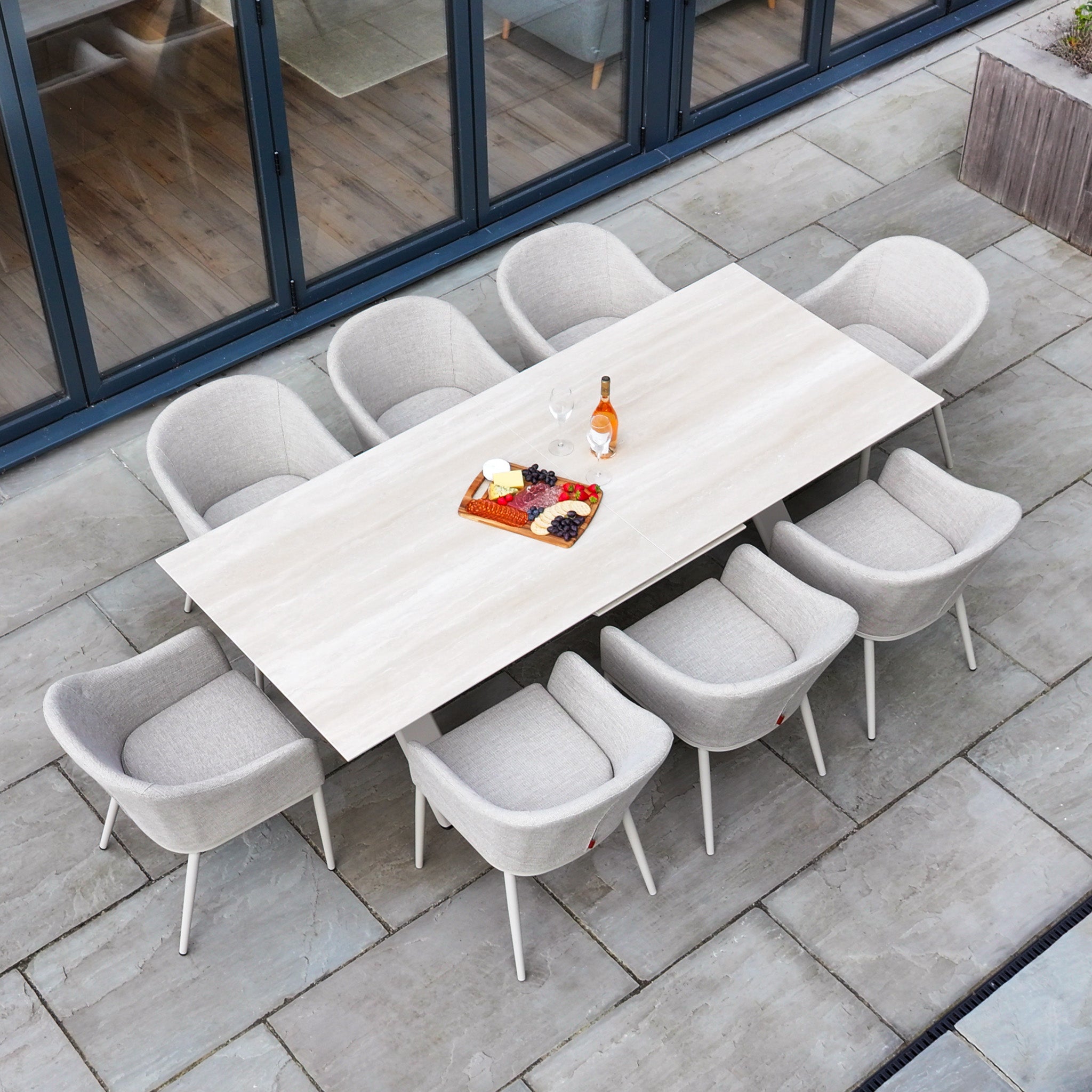 Luna 8 Seat Outdoor Fabric Dining Set with Albatross Extending Table in Fawn