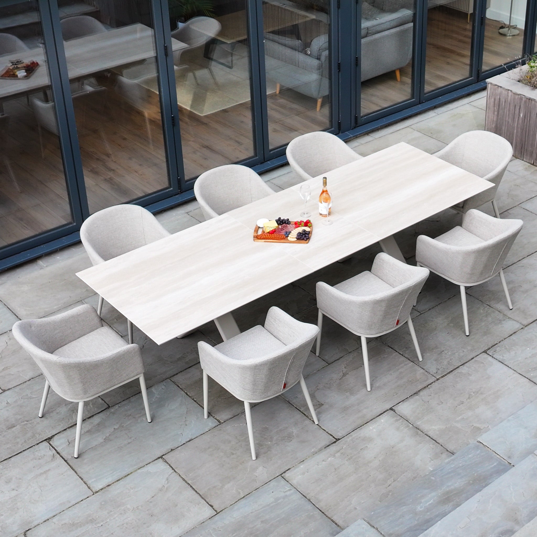 Luna 8 Seat Outdoor Fabric Dining Set with Albatross Extending Table in Fawn