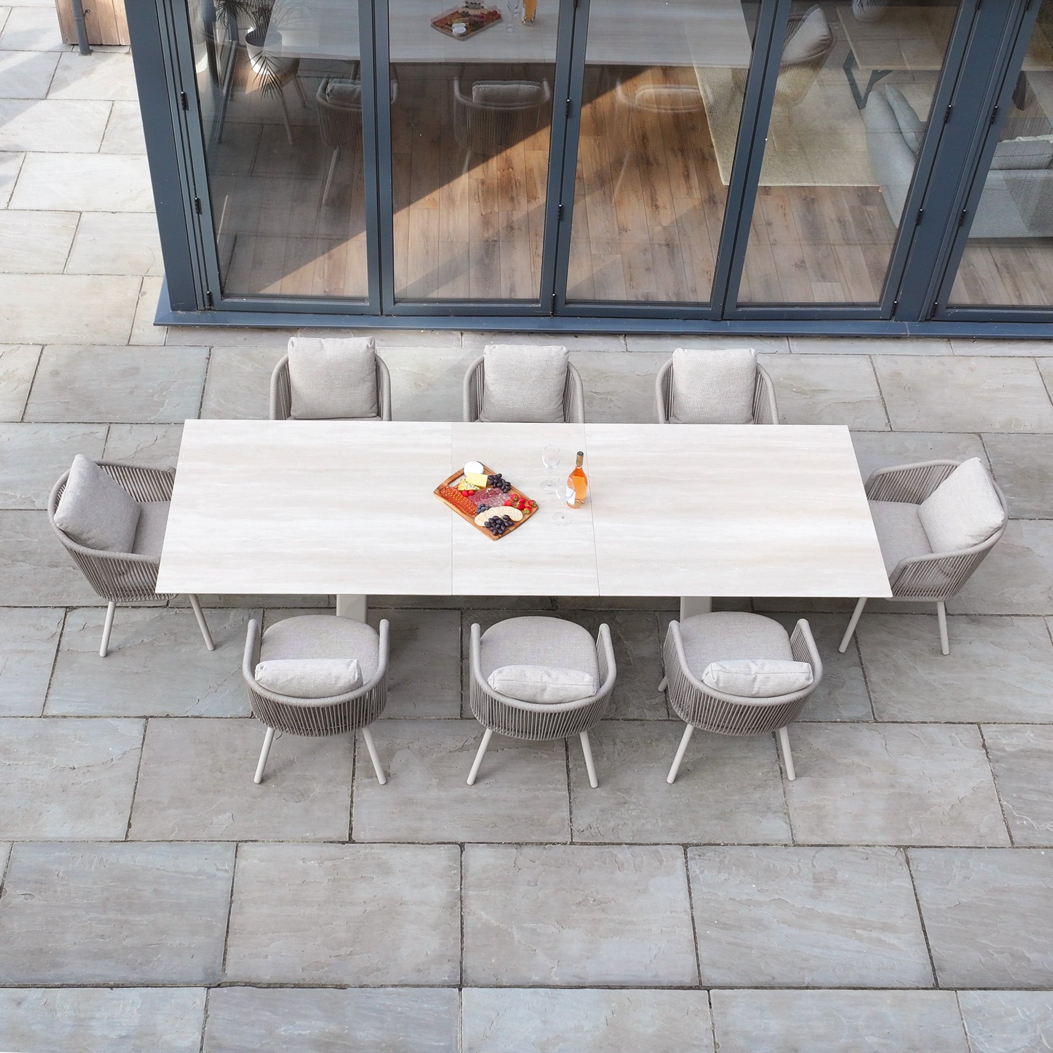 Dekota 8 Seat Rope Dining Set with Albatross Ceramic Extending Table in Fawn