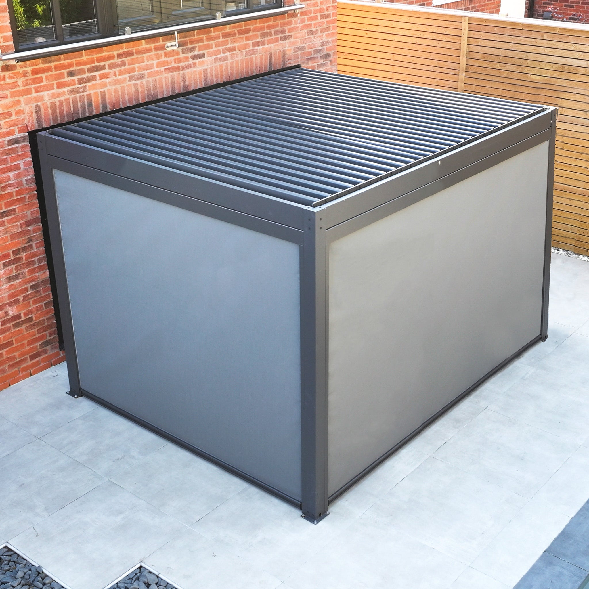PergoSTET Plus 3m x 3m Square Pergola with 3 Drop Sides and LED Lighting in Grey