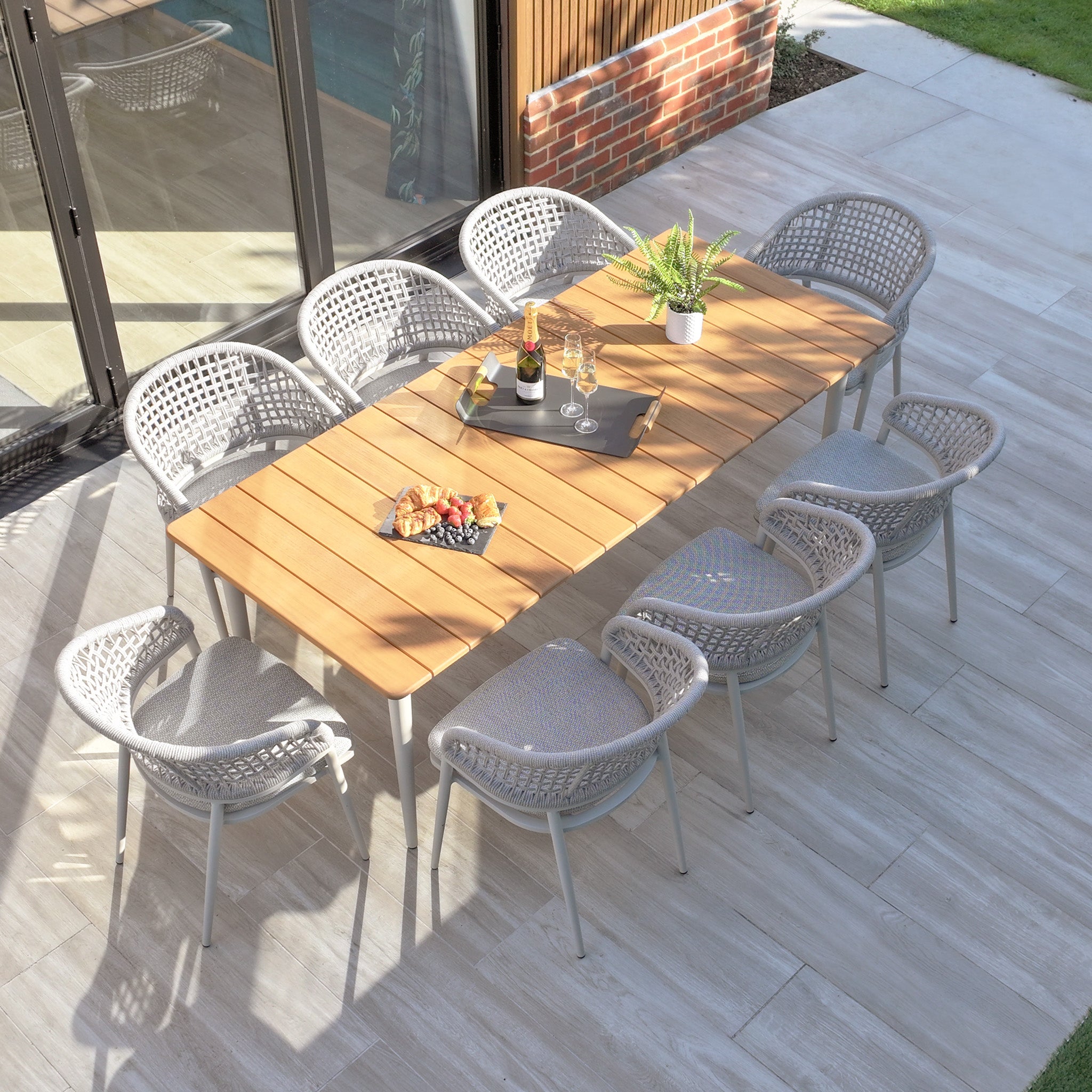 Kalama 8 Seat Rectangular Dining Set with Teak Table in Latte