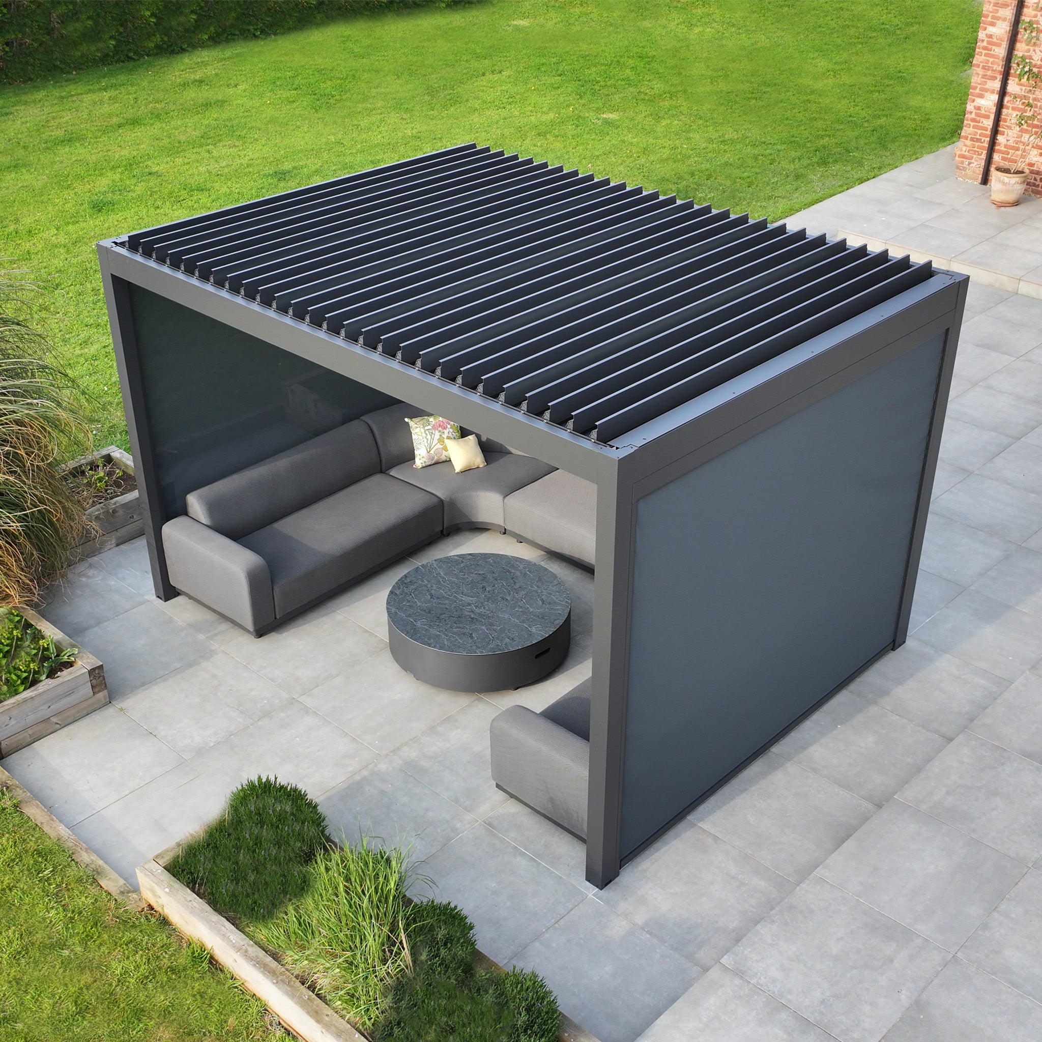 PergoSTET Deluxe 3m x 4m Rectangular Pergola with Motorised LED Louvres and 3 Manual Side Blinds in Grey