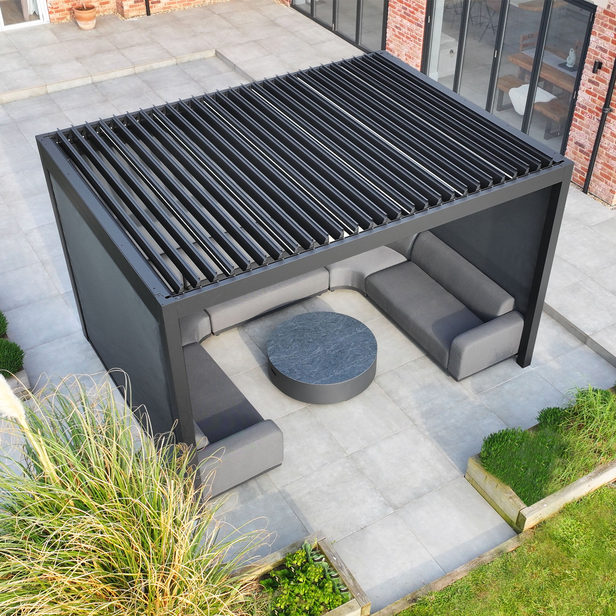 PergoSTET Deluxe 3m x 4m Rectangular Pergola with Motorised LED Louvres and 3 Manual Side Blinds in Grey