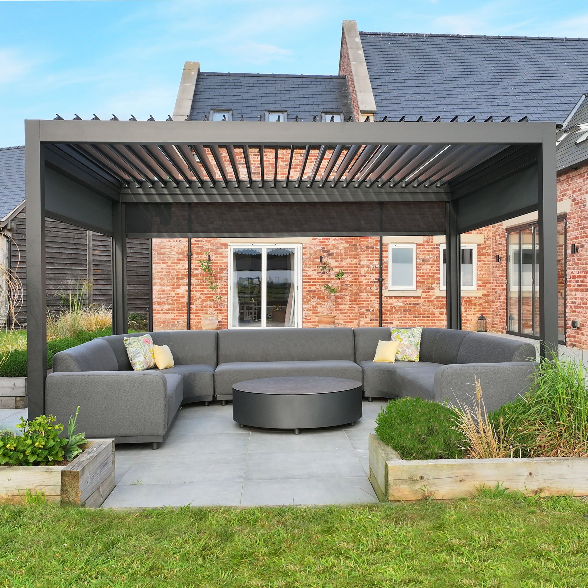 PergoSTET Deluxe 3m x 4m Rectangular Pergola with Motorised LED Louvres and 3 Manual Side Blinds in Grey