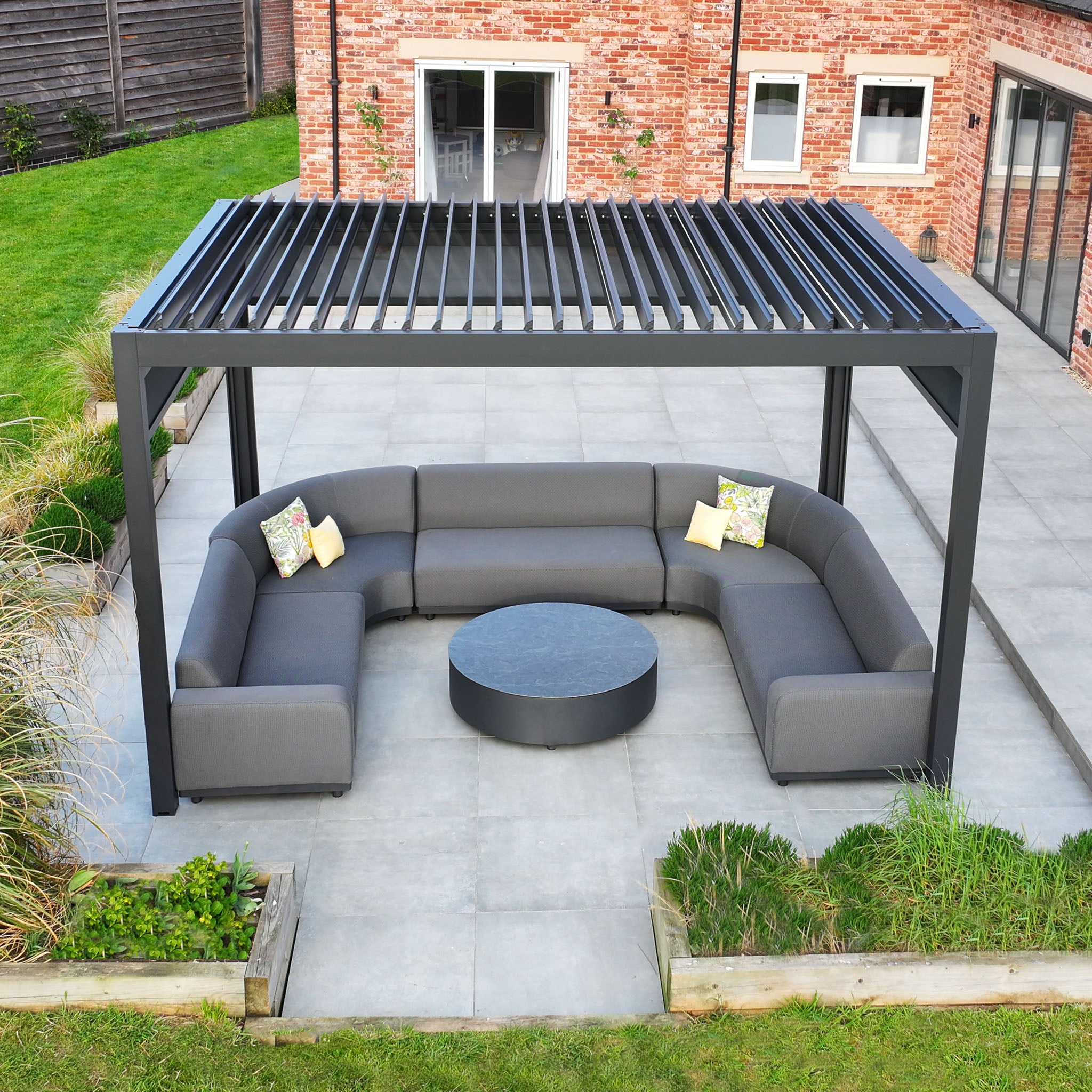PergoSTET Deluxe 3m x 4m Rectangular Pergola with Motorised LED Louvres and 3 Manual Side Blinds in Grey